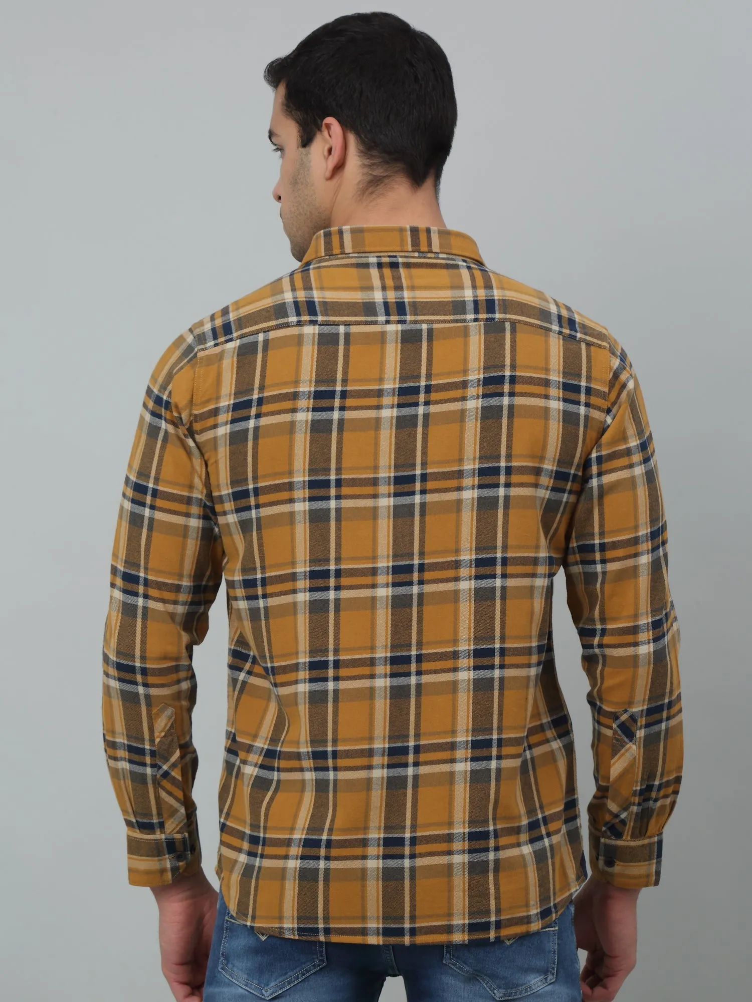 Cantabil Cotton Mustard Checkered Full Sleeve Regular Fit Casual Shirt for Men with Pocket