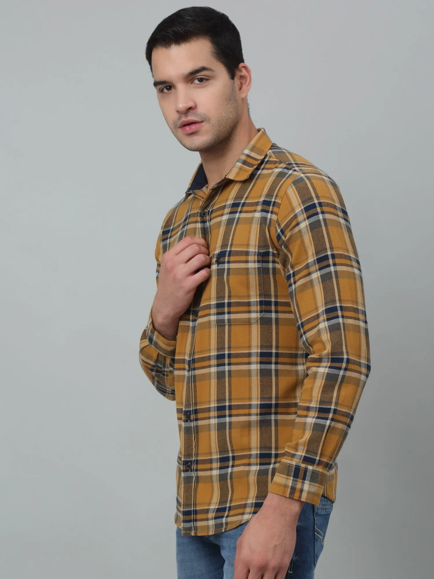 Cantabil Cotton Mustard Checkered Full Sleeve Regular Fit Casual Shirt for Men with Pocket