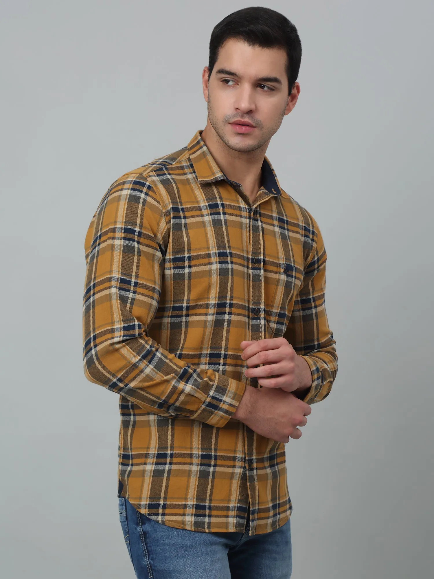 Cantabil Cotton Mustard Checkered Full Sleeve Regular Fit Casual Shirt for Men with Pocket