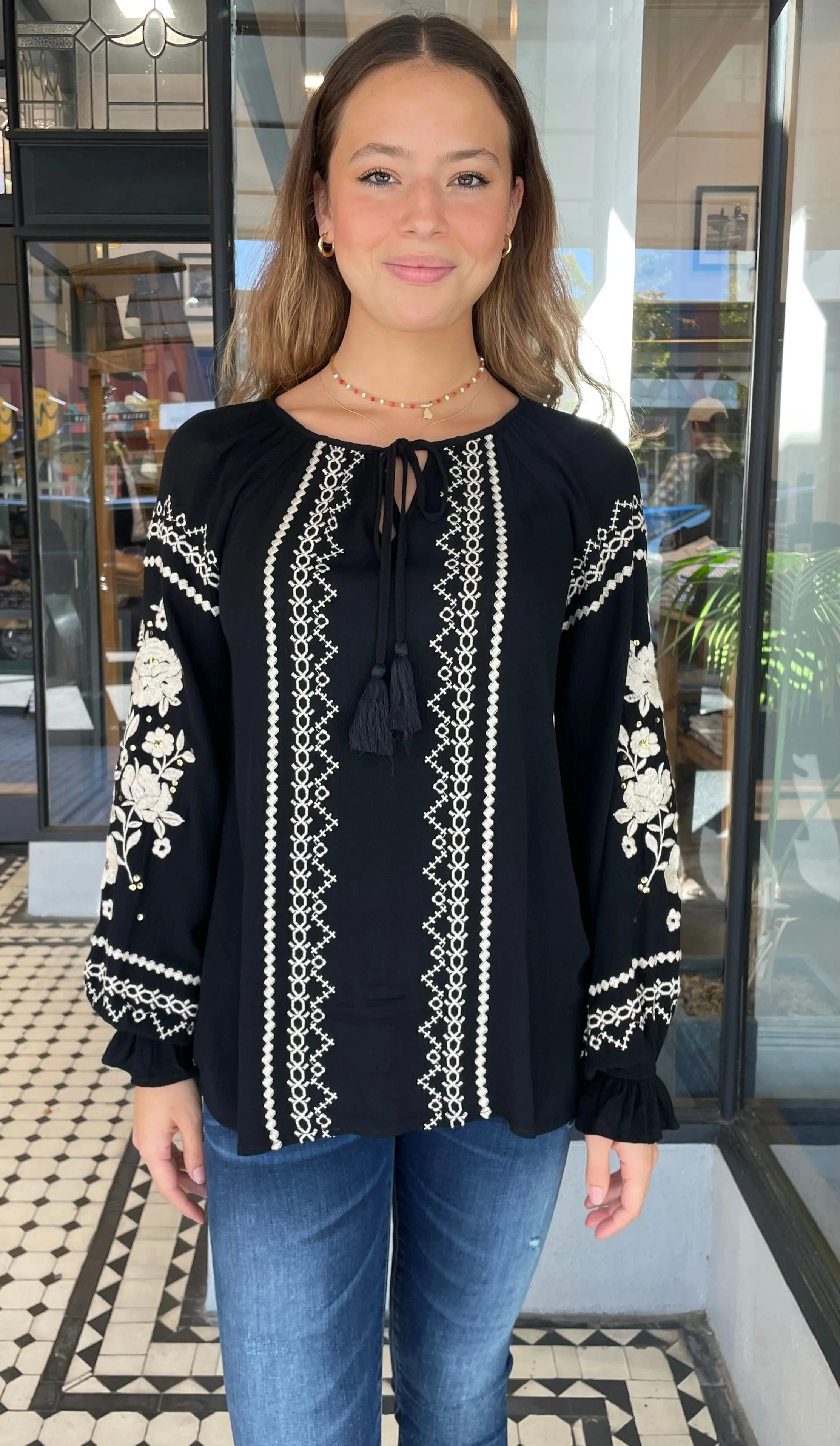 Catalina Sequins Embroidered Long Sleeve Top Black