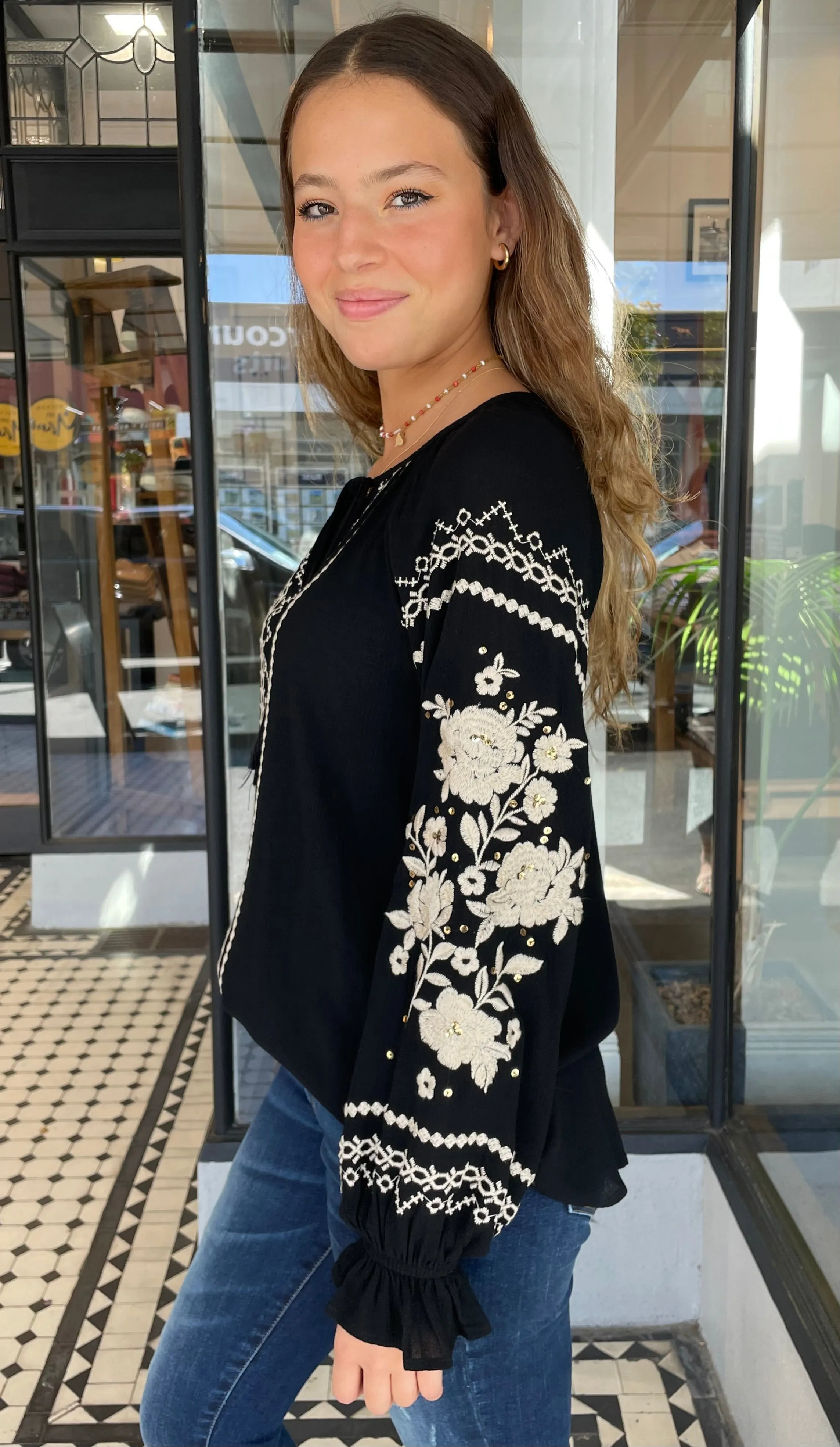 Catalina Sequins Embroidered Long Sleeve Top Black