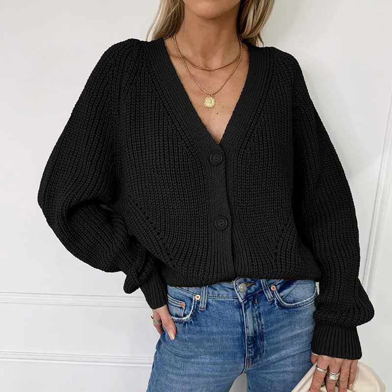 Chunky Oversized Big V Neck Button Up College Sweater For Women