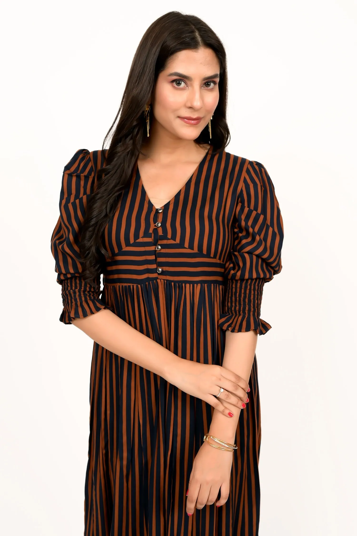 Coffee Brown And Navy Striped Calf Length Dress