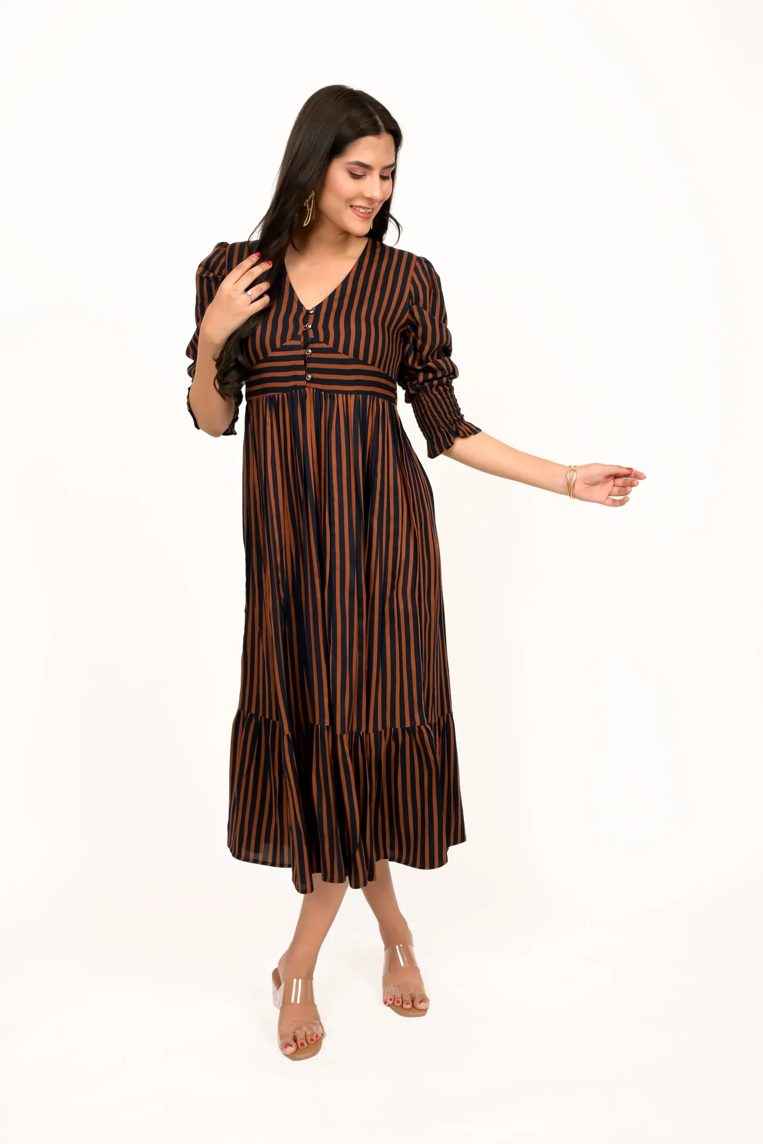 Coffee Brown And Navy Striped Calf Length Dress