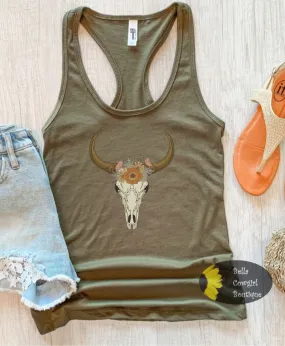 Cow Skull With Flowers Western Women's Tank Top