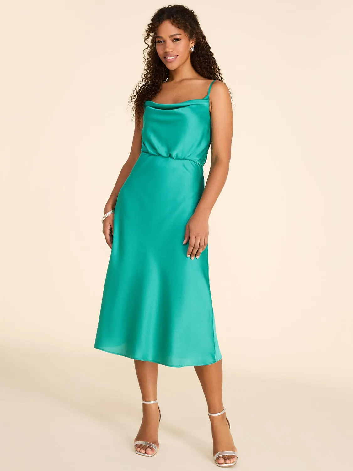 Cowl Neck Satin A-Line Midi Dress