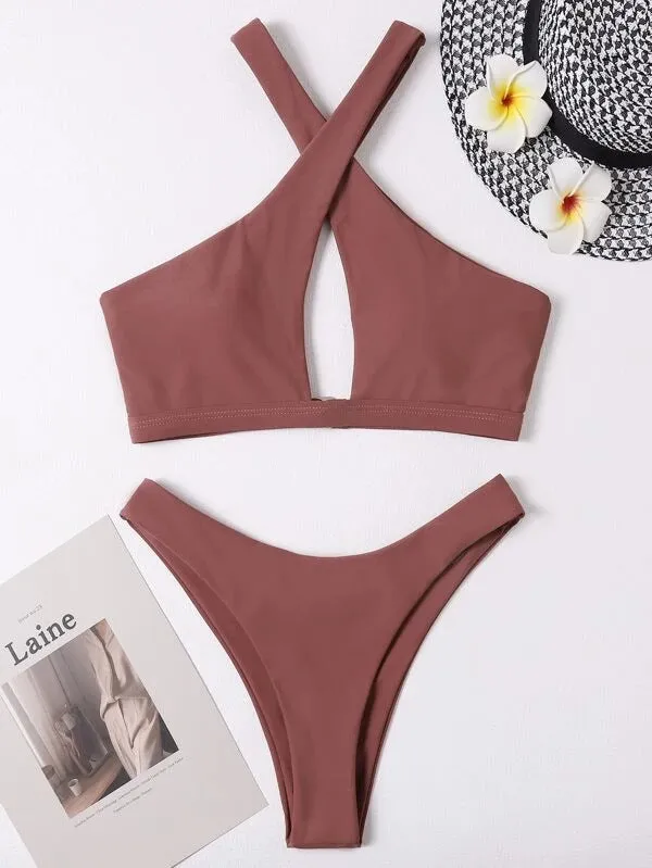 CROSS-OVER SHOULDER BIKINI - BROWN