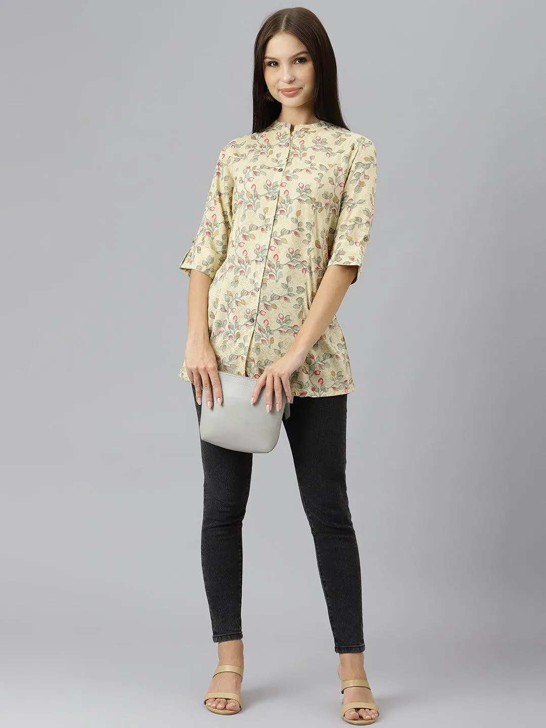 Divena Beige Floral Rayon A-line Shirts Style Top