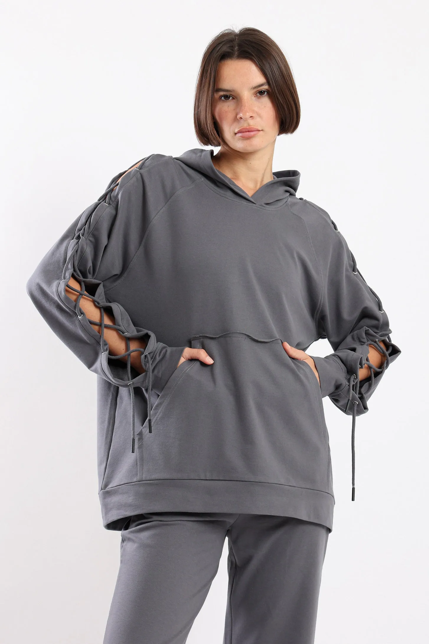 EDGY LACE-UP COMFORT HOODIE - GREY