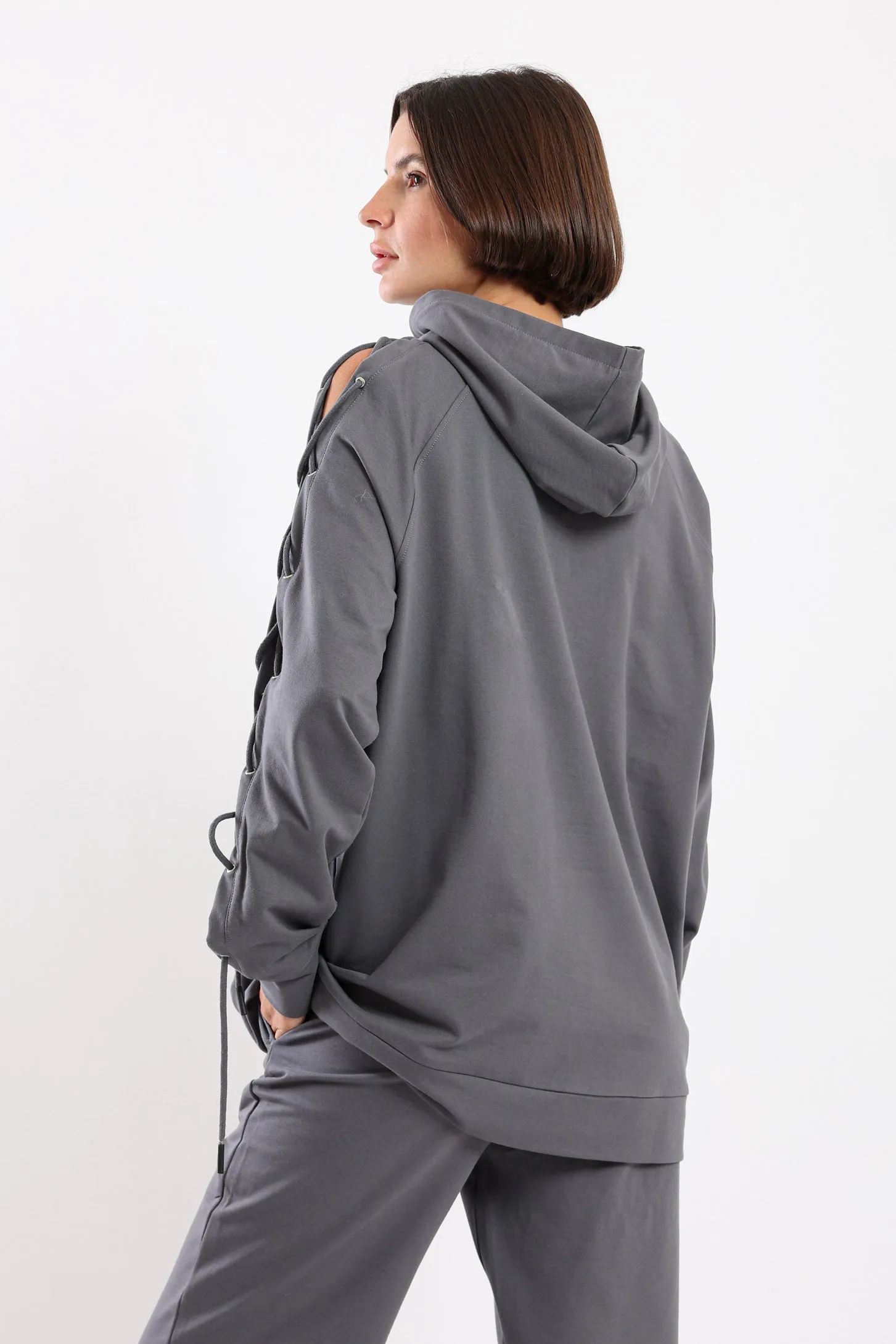 EDGY LACE-UP COMFORT HOODIE - GREY