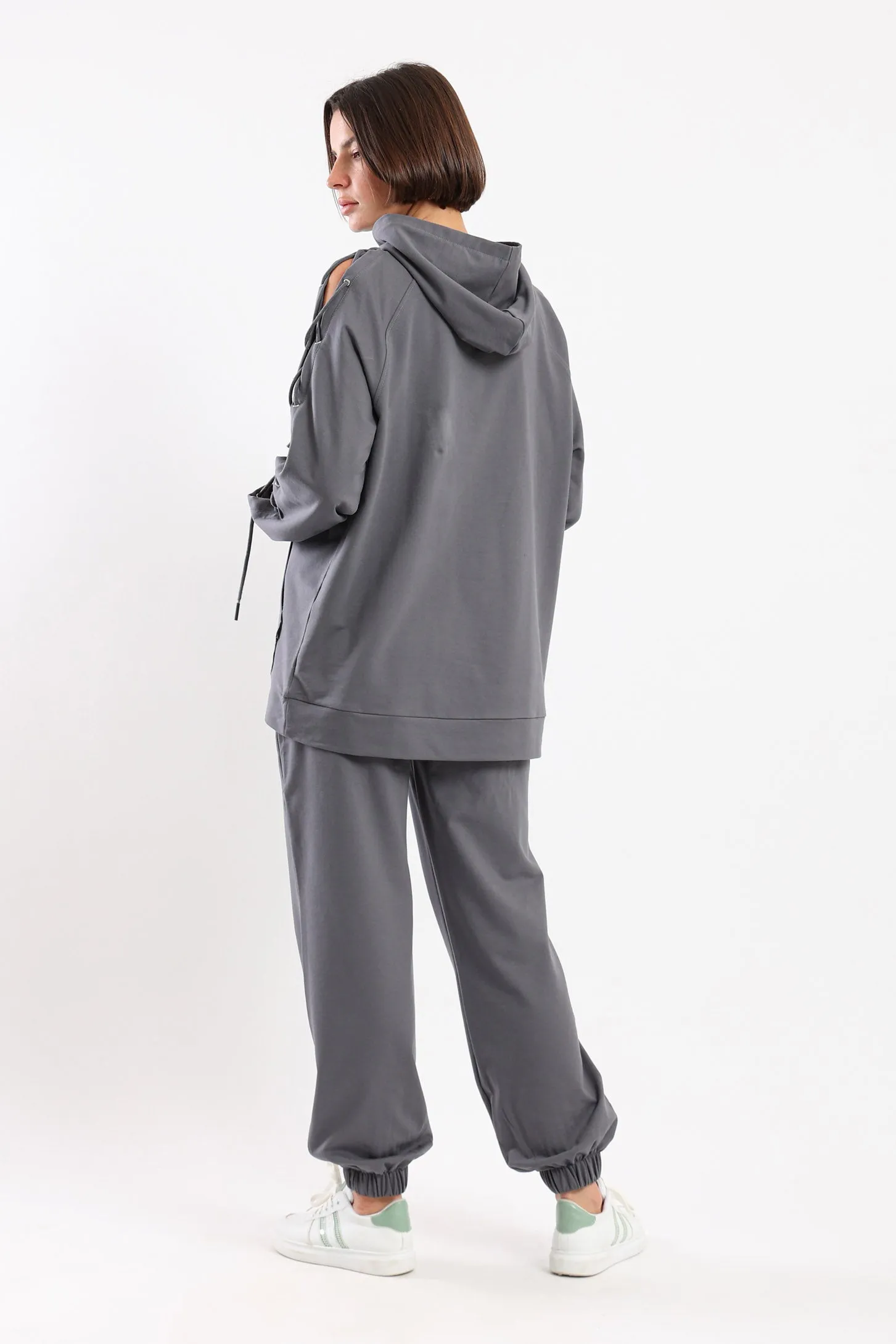 EDGY LACE-UP COMFORT HOODIE - GREY