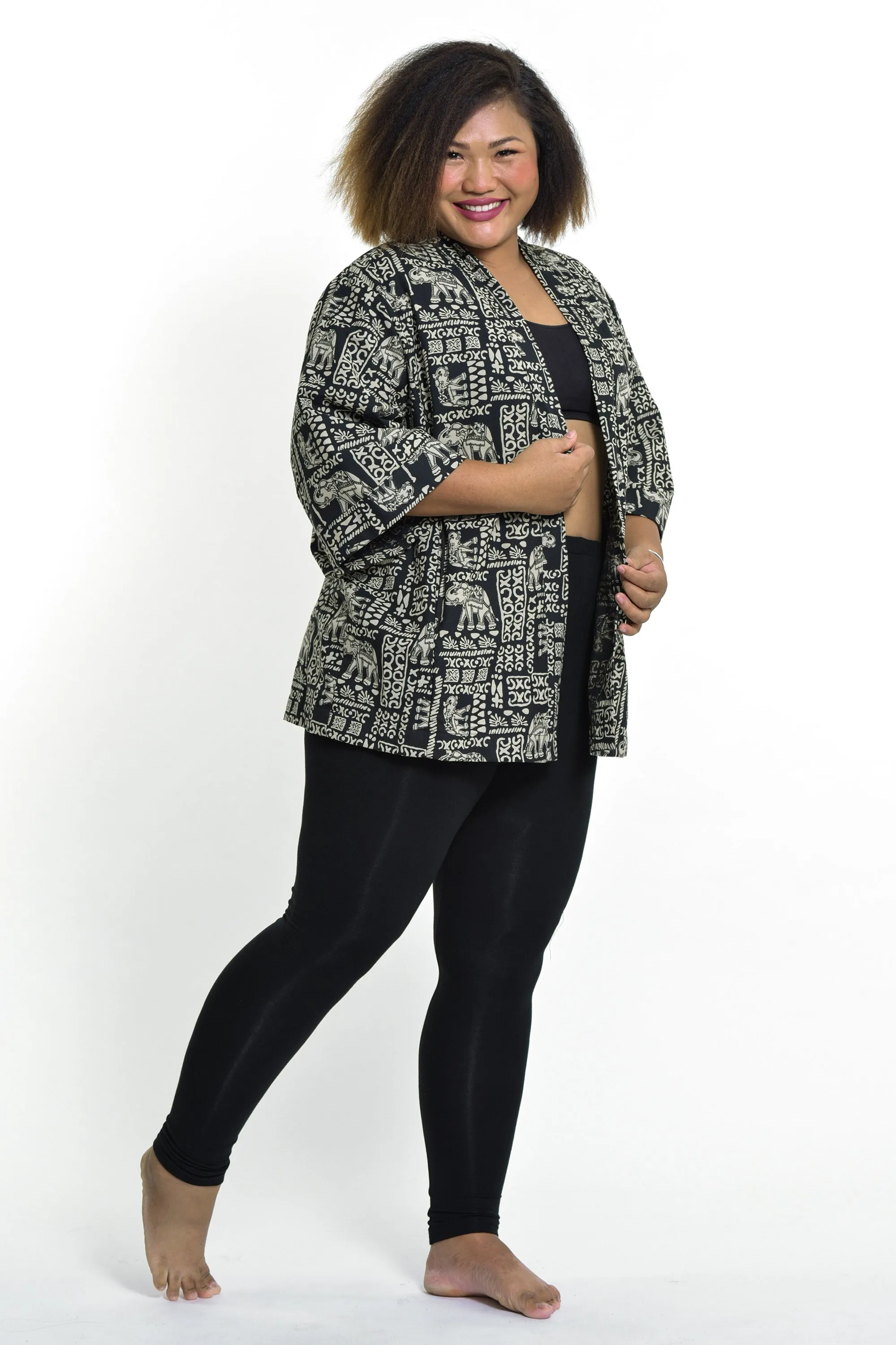 Elephant Print Cotton Kimono Cardigan in Black