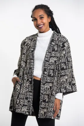 Elephant Print Cotton Kimono Cardigan in Black