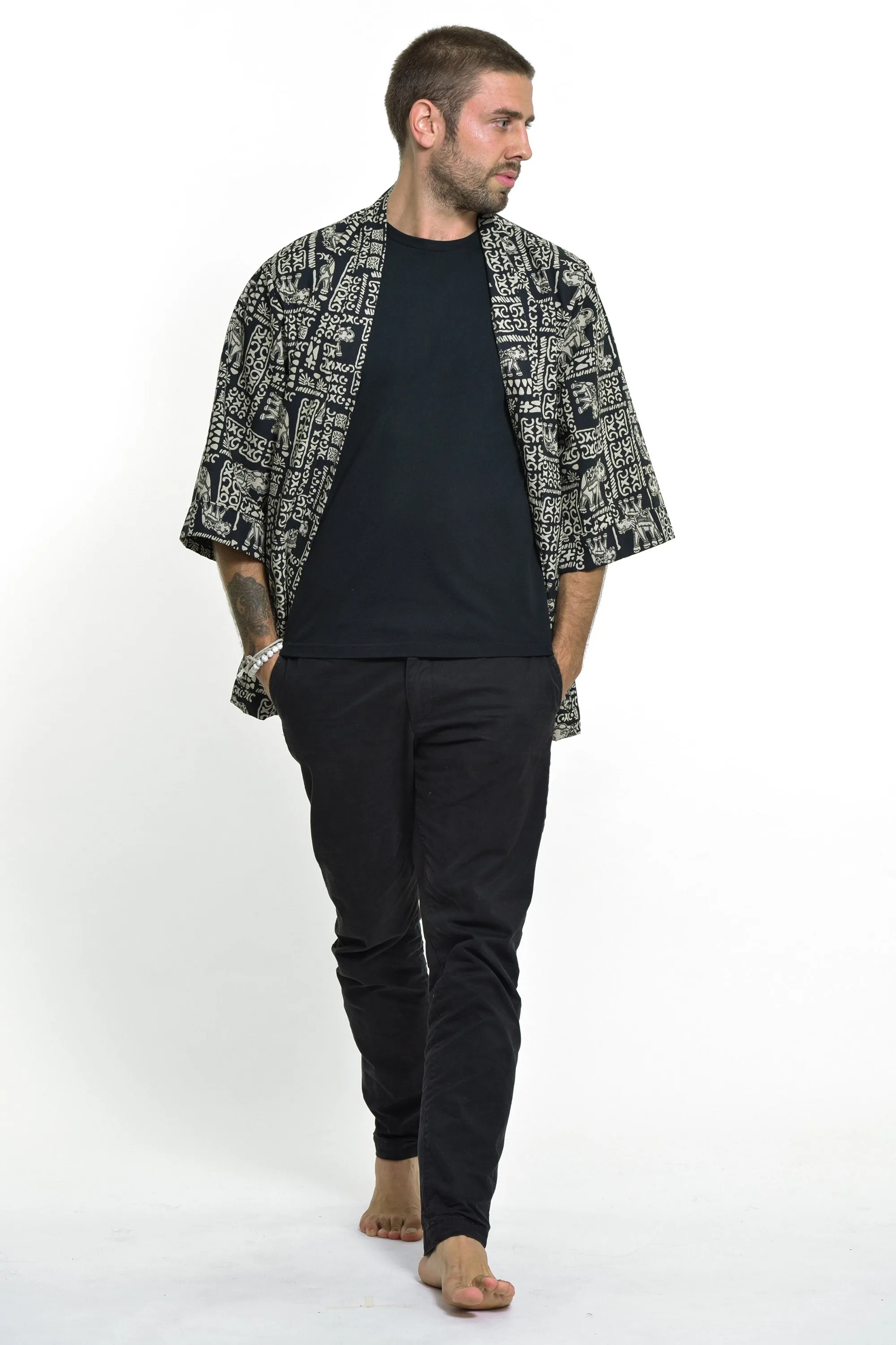 Elephant Print Cotton Kimono Cardigan in Black