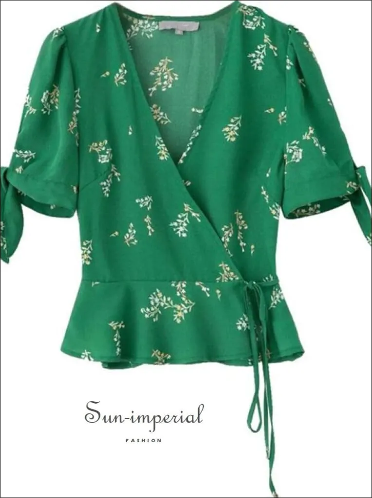 Green Wrap Neck Flower Print Lace Tie Waist Kimono top Short Tie Edge Sleeve Women Blouse