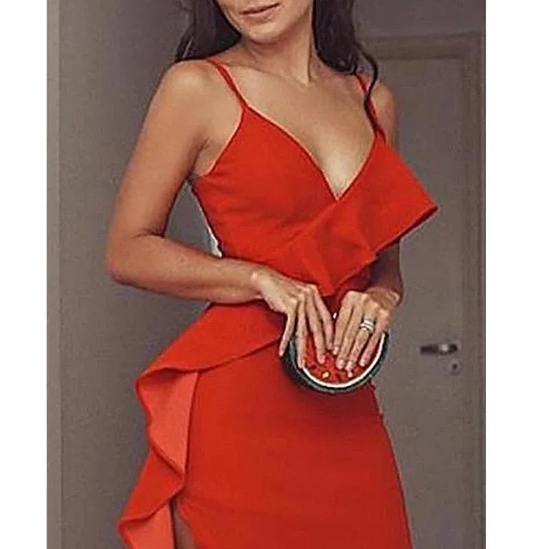 Halter Ruffles Hem High Slit Party Dress Women Spaghetti Strap V Neck Sexy Long Prom Dress SH500