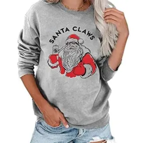 JINTING Christmas Sweatshirt for Women Christmas Santa Claus Pullover Casual Long Sleeve Funny Graphic Shirts (Gray, Largee)