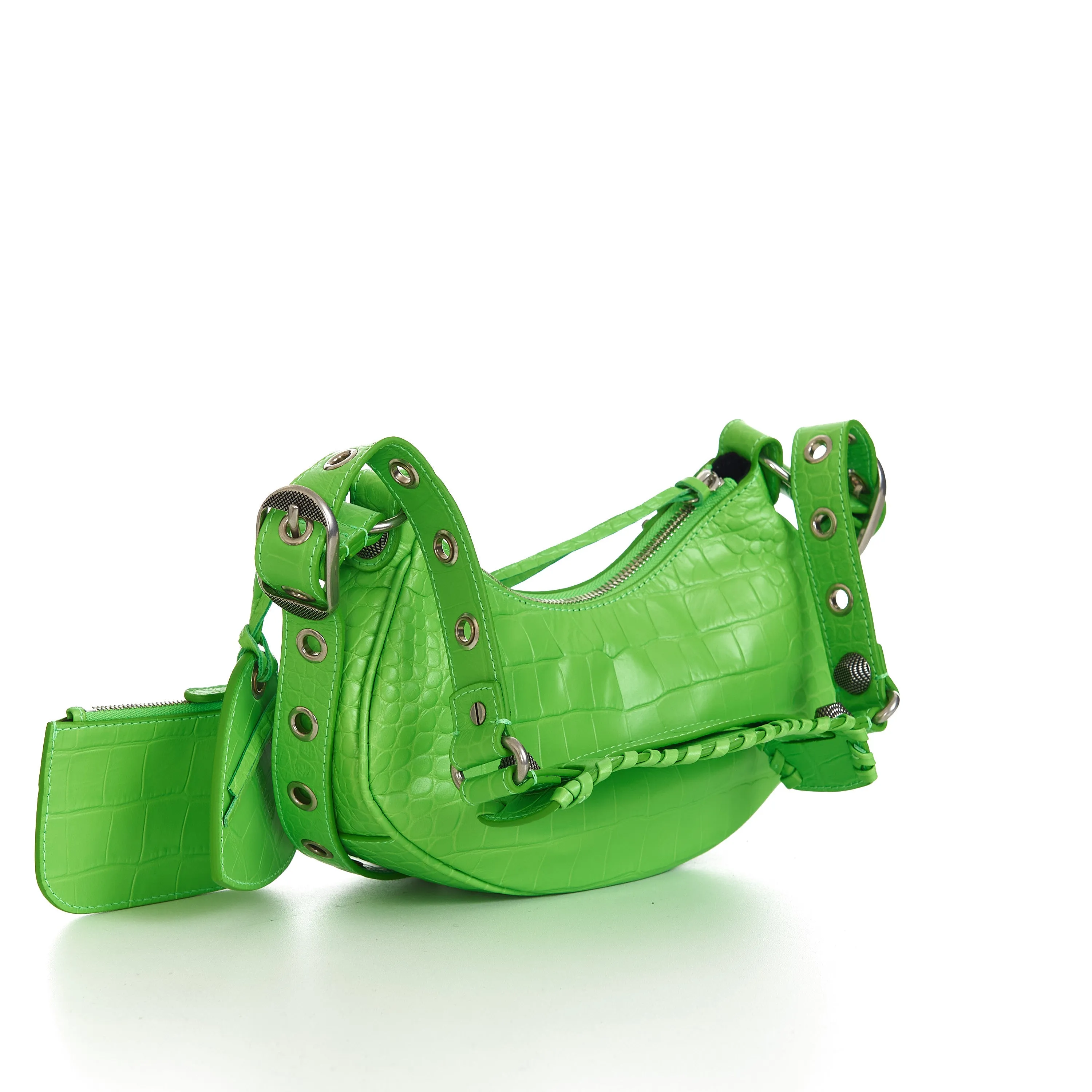 Le Cagole XS Shoulder Bag In Bright Green Crocodile Embossed Calfskin