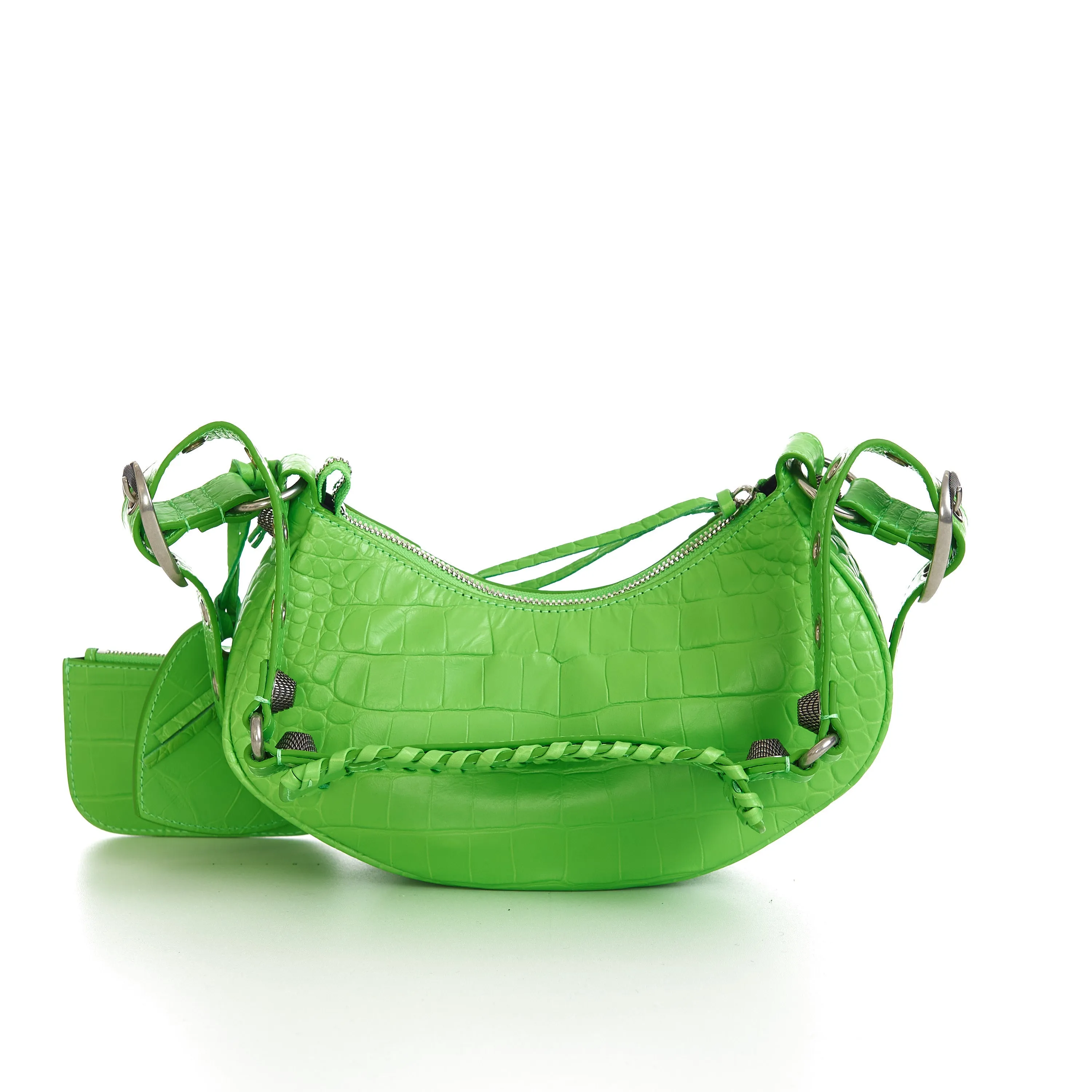 Le Cagole XS Shoulder Bag In Bright Green Crocodile Embossed Calfskin