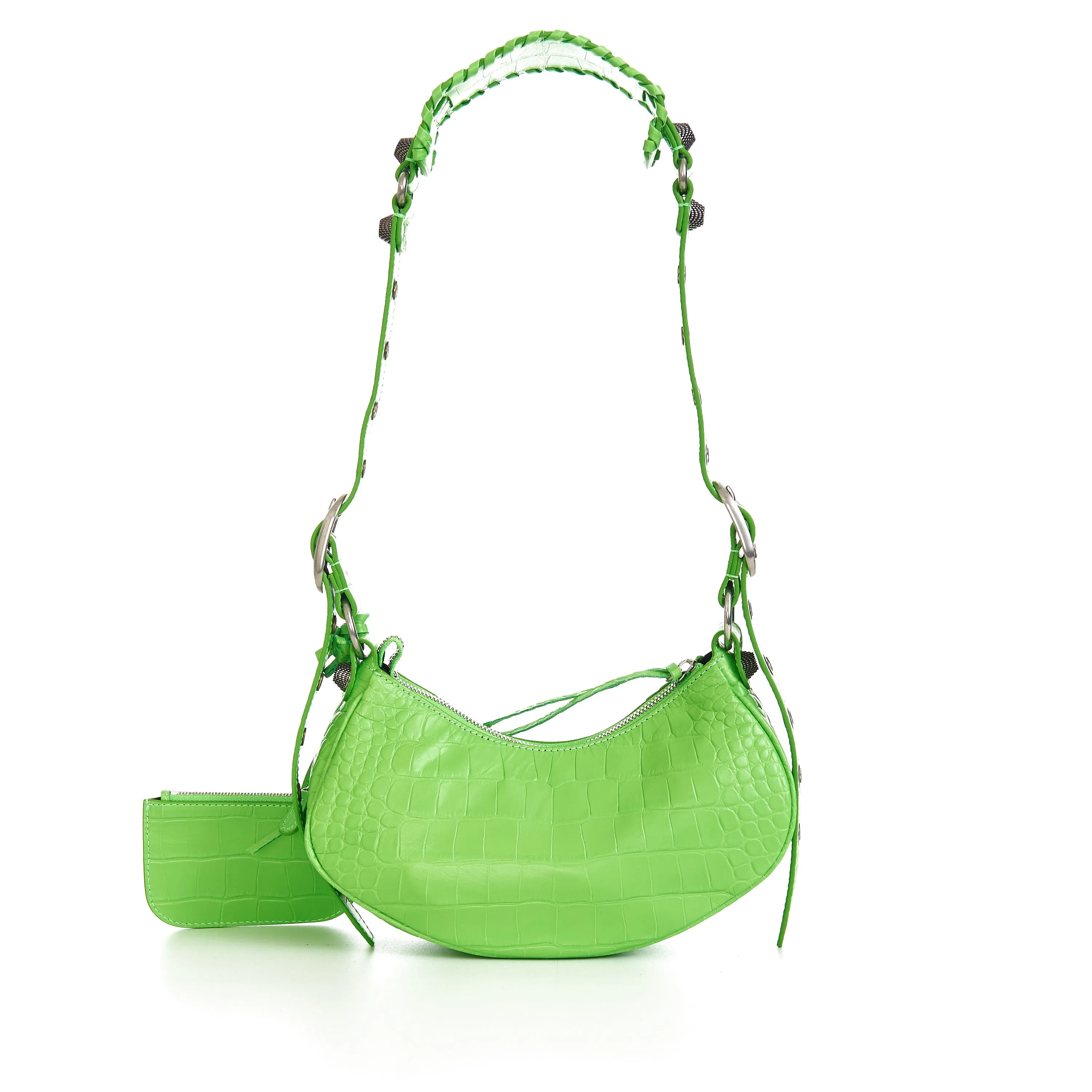 Le Cagole XS Shoulder Bag In Bright Green Crocodile Embossed Calfskin