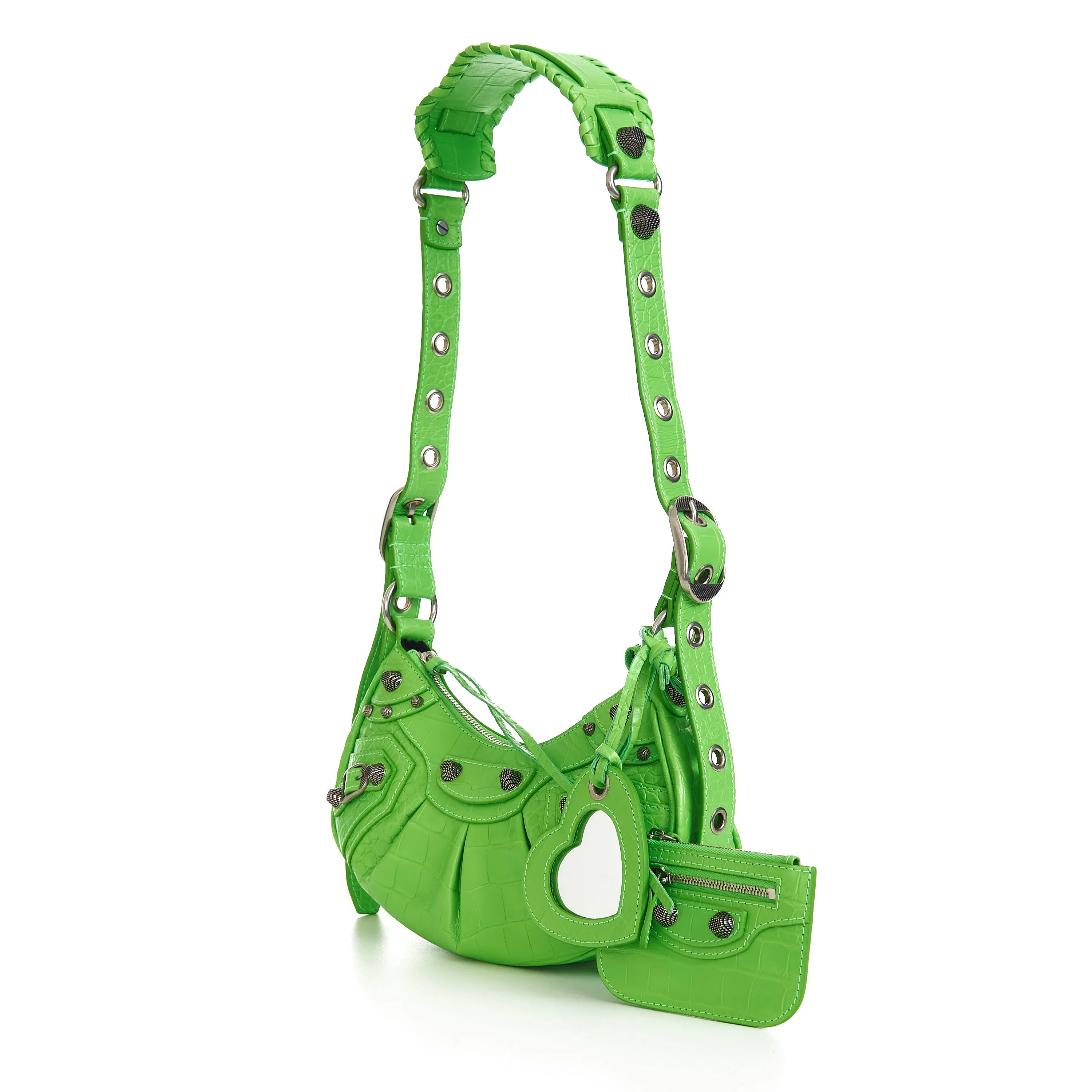 Le Cagole XS Shoulder Bag In Bright Green Crocodile Embossed Calfskin