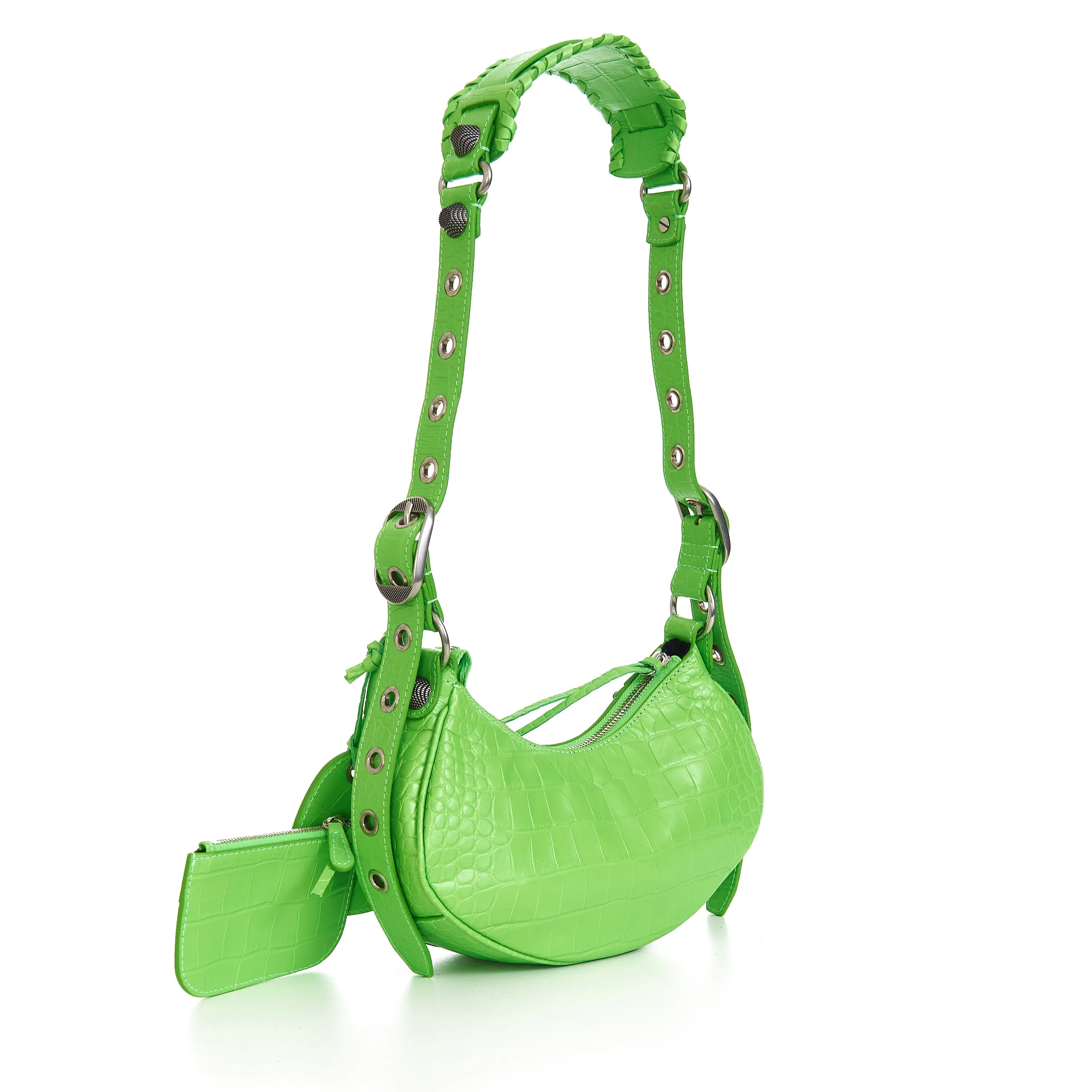 Le Cagole XS Shoulder Bag In Bright Green Crocodile Embossed Calfskin