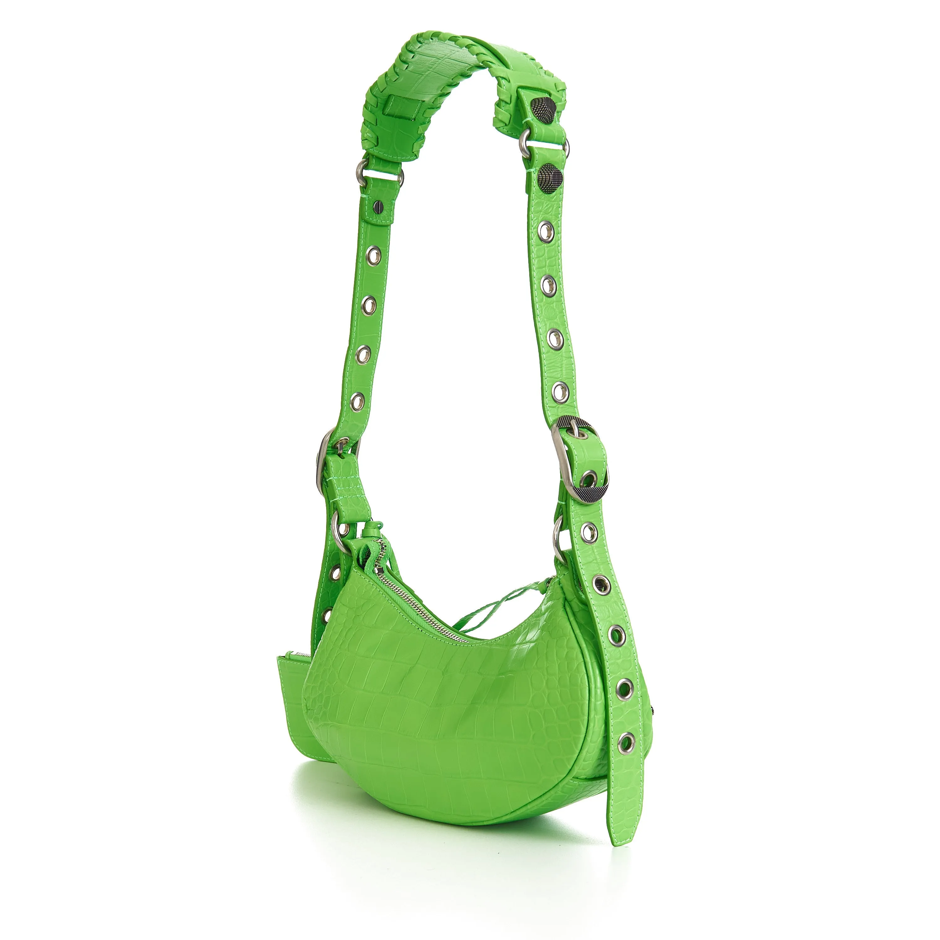 Le Cagole XS Shoulder Bag In Bright Green Crocodile Embossed Calfskin