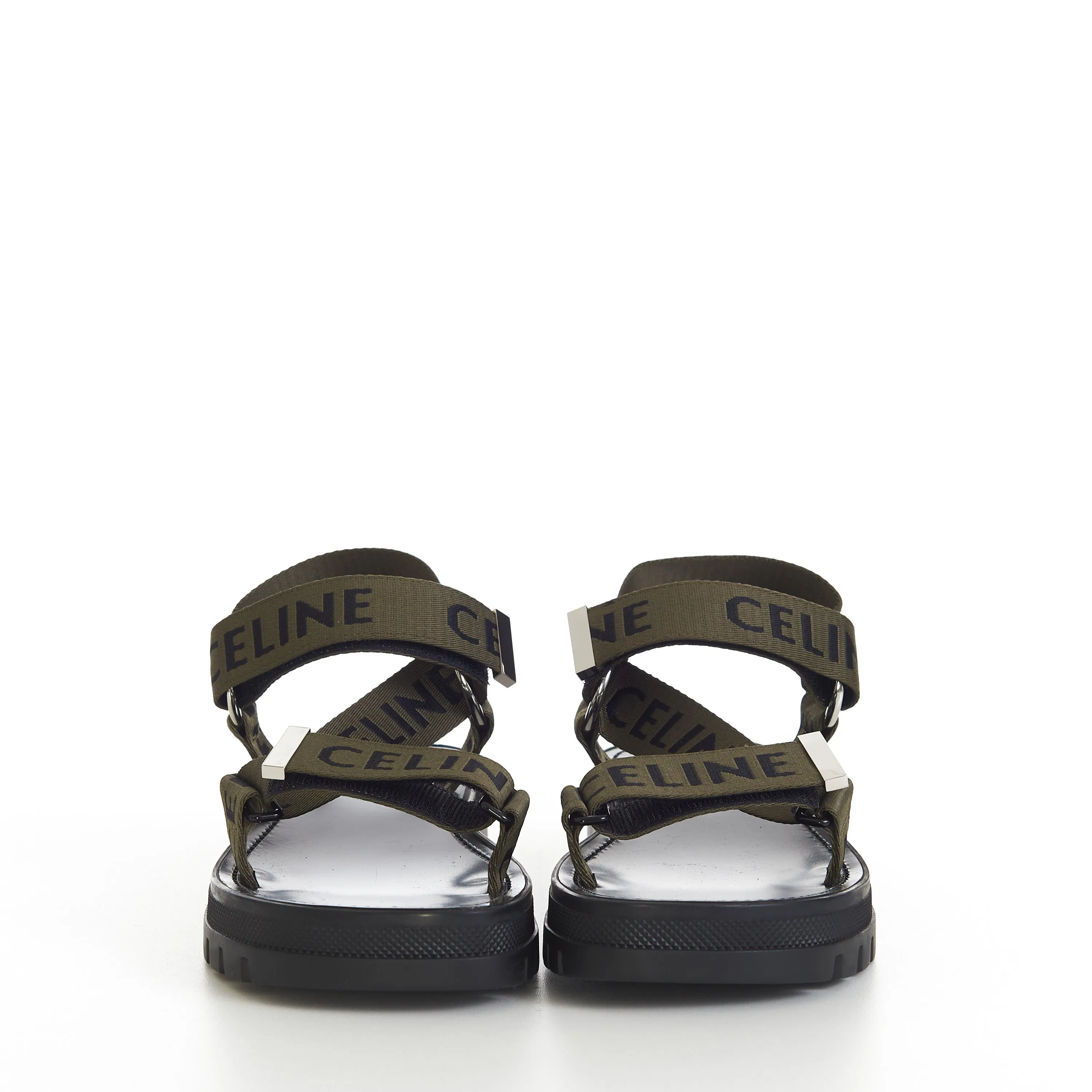 Leo Strappy Sandal In Khaki/Black Textile With "Celine" Jacquard