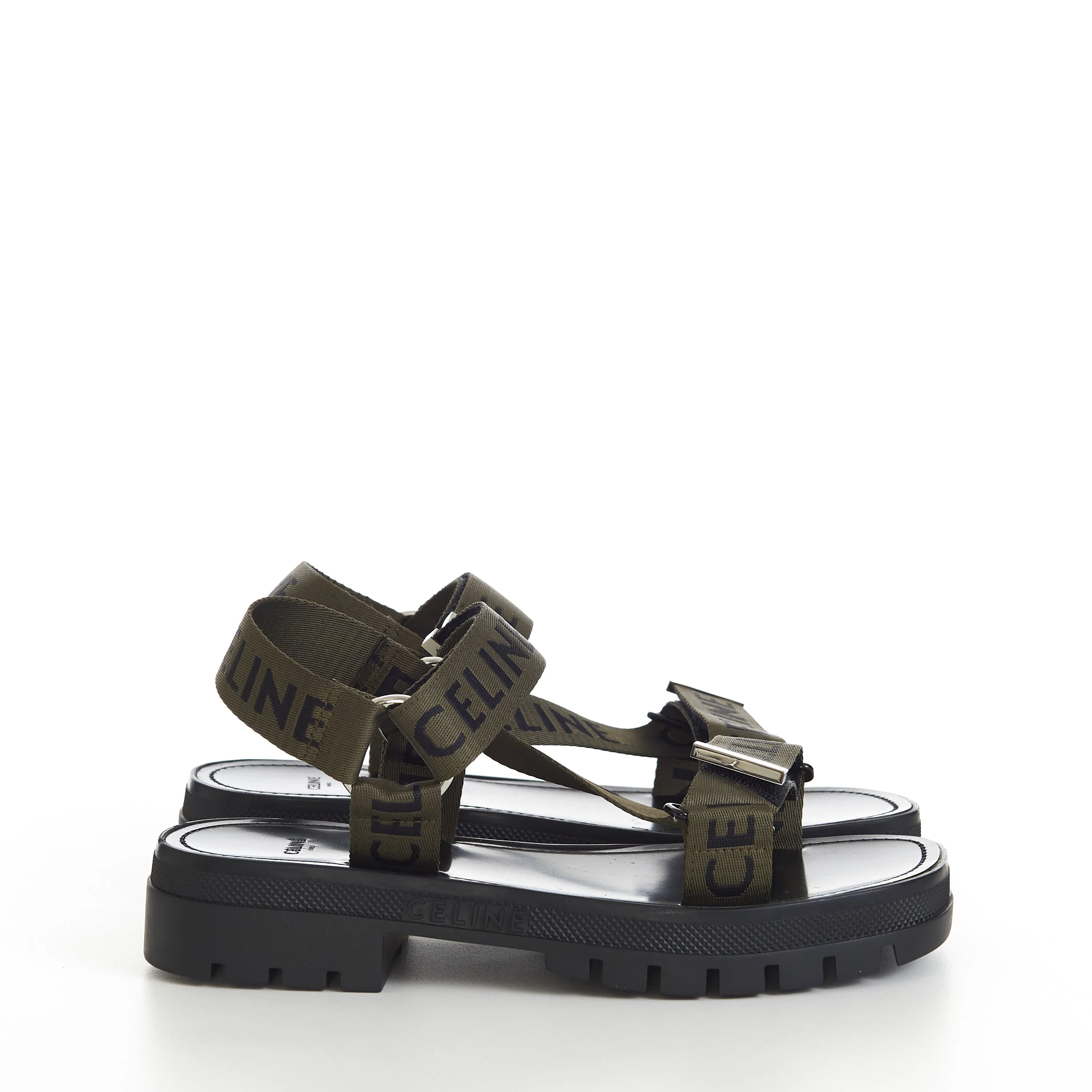 Leo Strappy Sandal In Khaki/Black Textile With "Celine" Jacquard