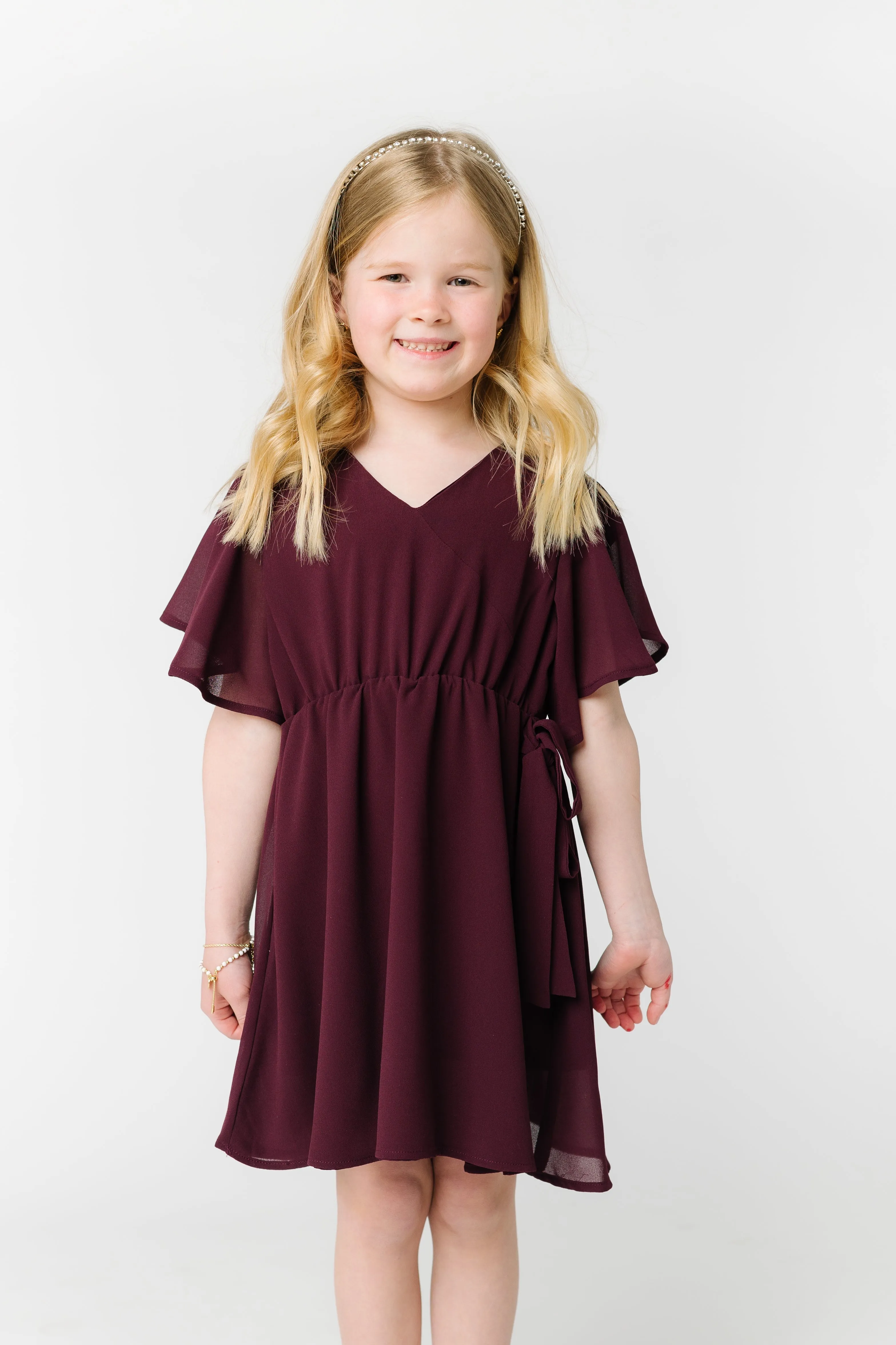 Little Naples Flutter Sleeve Girl's Dress - Wine