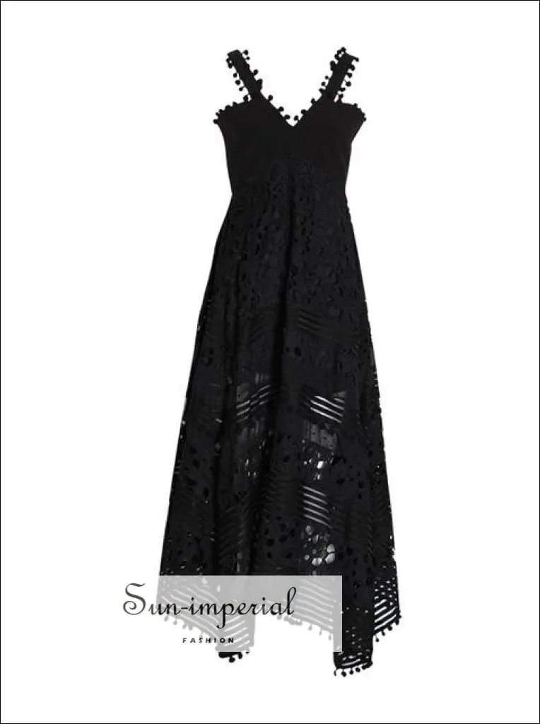 Mallory Dress - Vintage Black Elegant Lace Sleeveless Sheer Asymmetrical Maxi Dress V Neck High