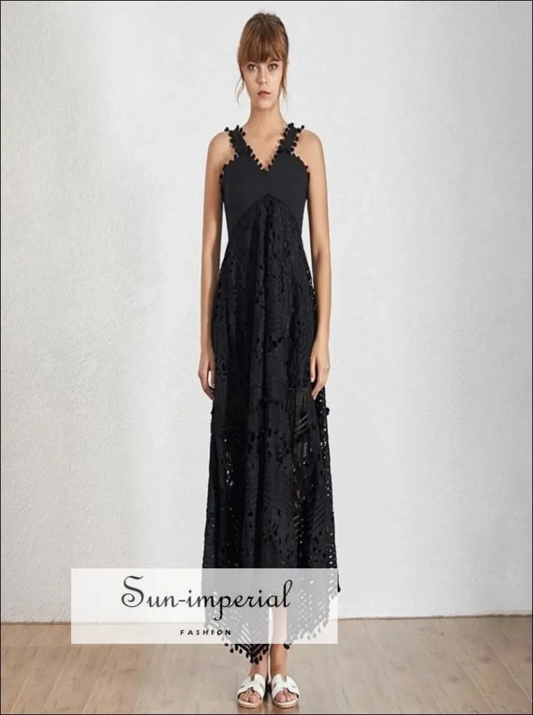 Mallory Dress - Vintage Black Elegant Lace Sleeveless Sheer Asymmetrical Maxi Dress V Neck High