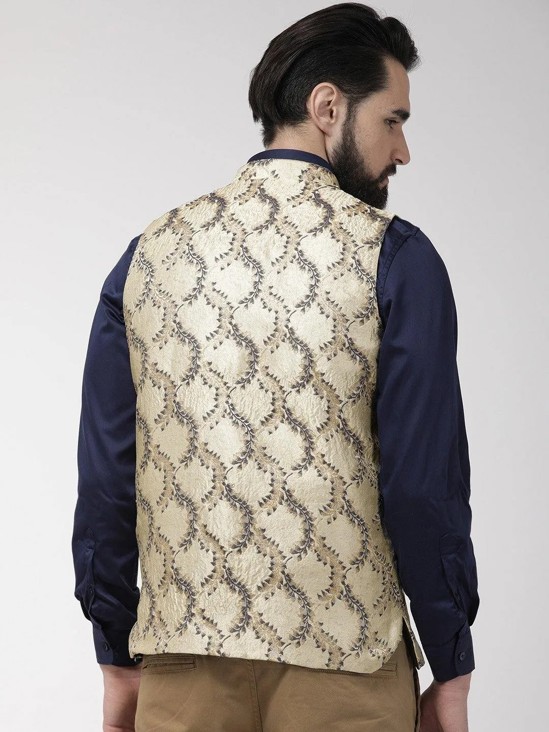 Men Beige and Navy Blue Woven Design Nehru Jacket