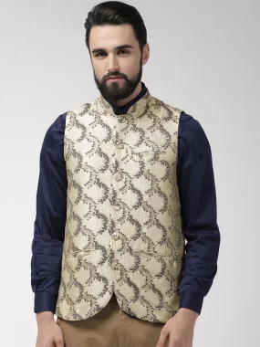 Men Beige and Navy Blue Woven Design Nehru Jacket