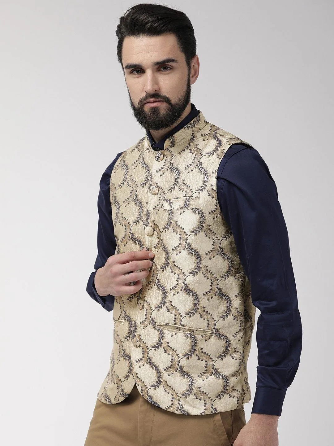 Men Beige and Navy Blue Woven Design Nehru Jacket