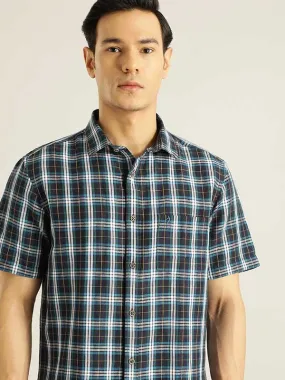 Men Checked Half Sleeve Linen Blend Shirt