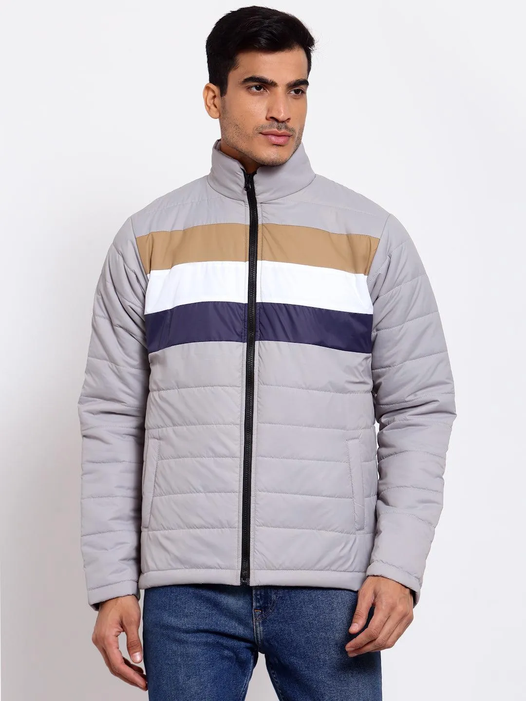 Mens Stylish Grey and Navy Blue Striped Lightweight Padded Outdoor Jacket