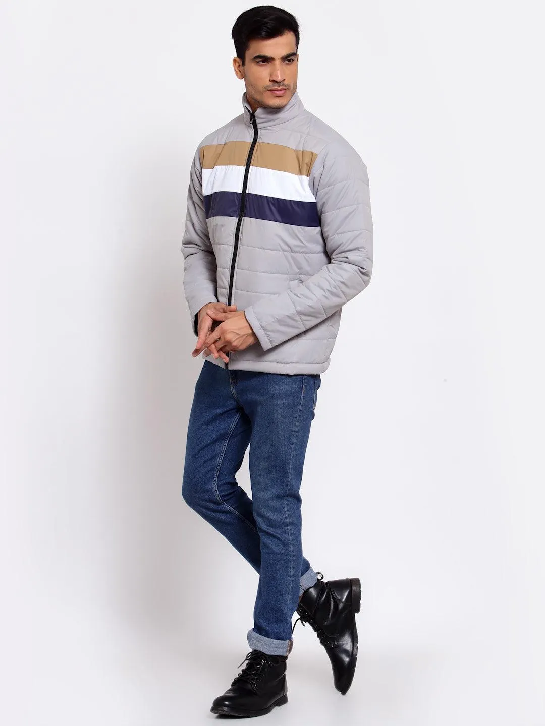 Mens Stylish Grey and Navy Blue Striped Lightweight Padded Outdoor Jacket