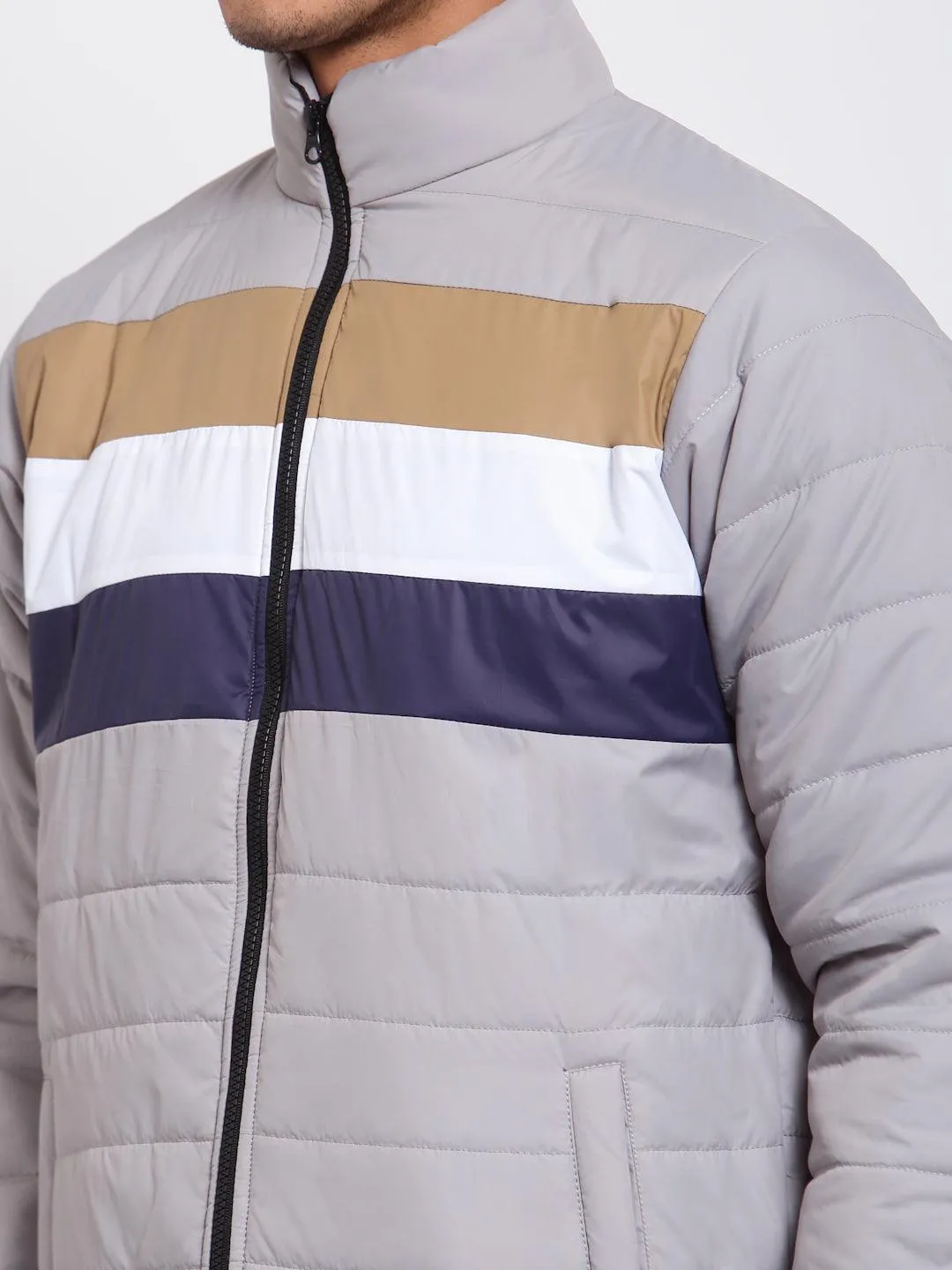 Mens Stylish Grey and Navy Blue Striped Lightweight Padded Outdoor Jacket