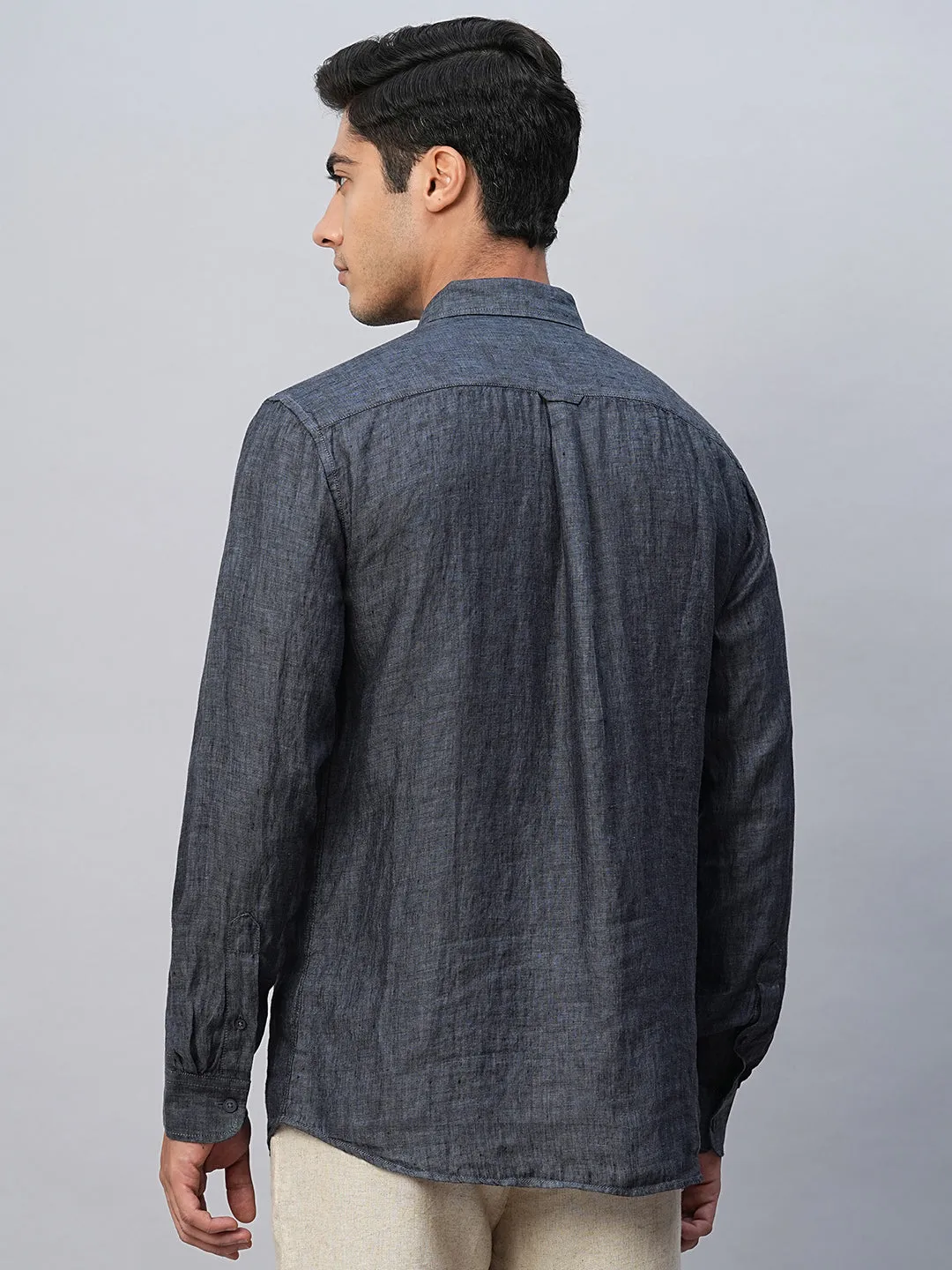 Men's 100% Linen Navy Regular Fit Long Sleeved Shirt