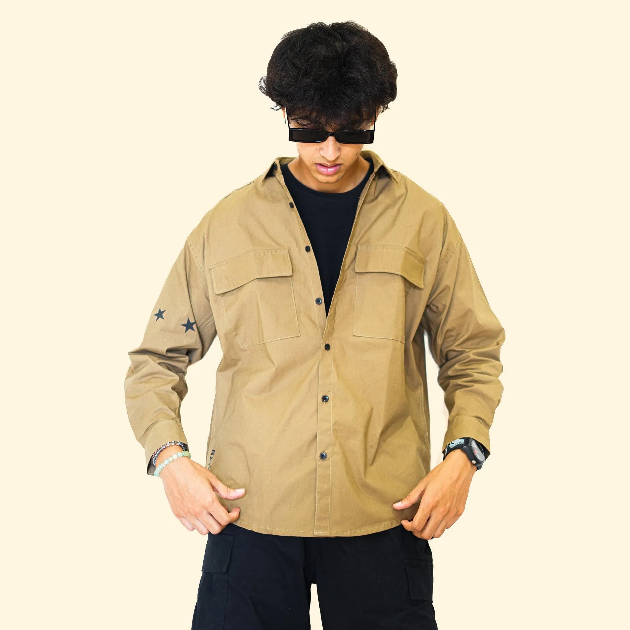 Men's Beige Drop Shoulder-Baggy Fit Shirt With Double Pockets