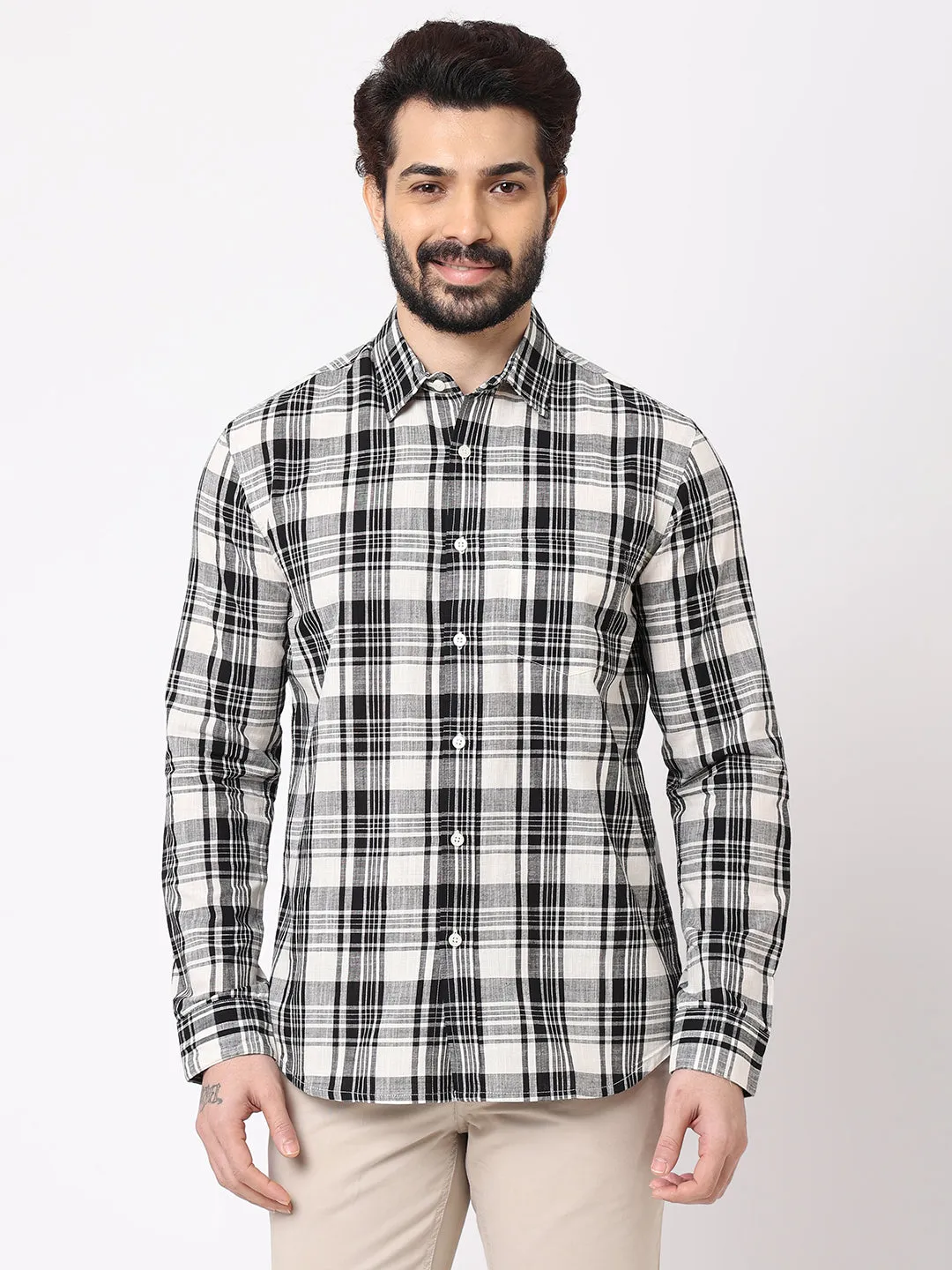 Men's Black Cotton Regular Fit Checked Shirt