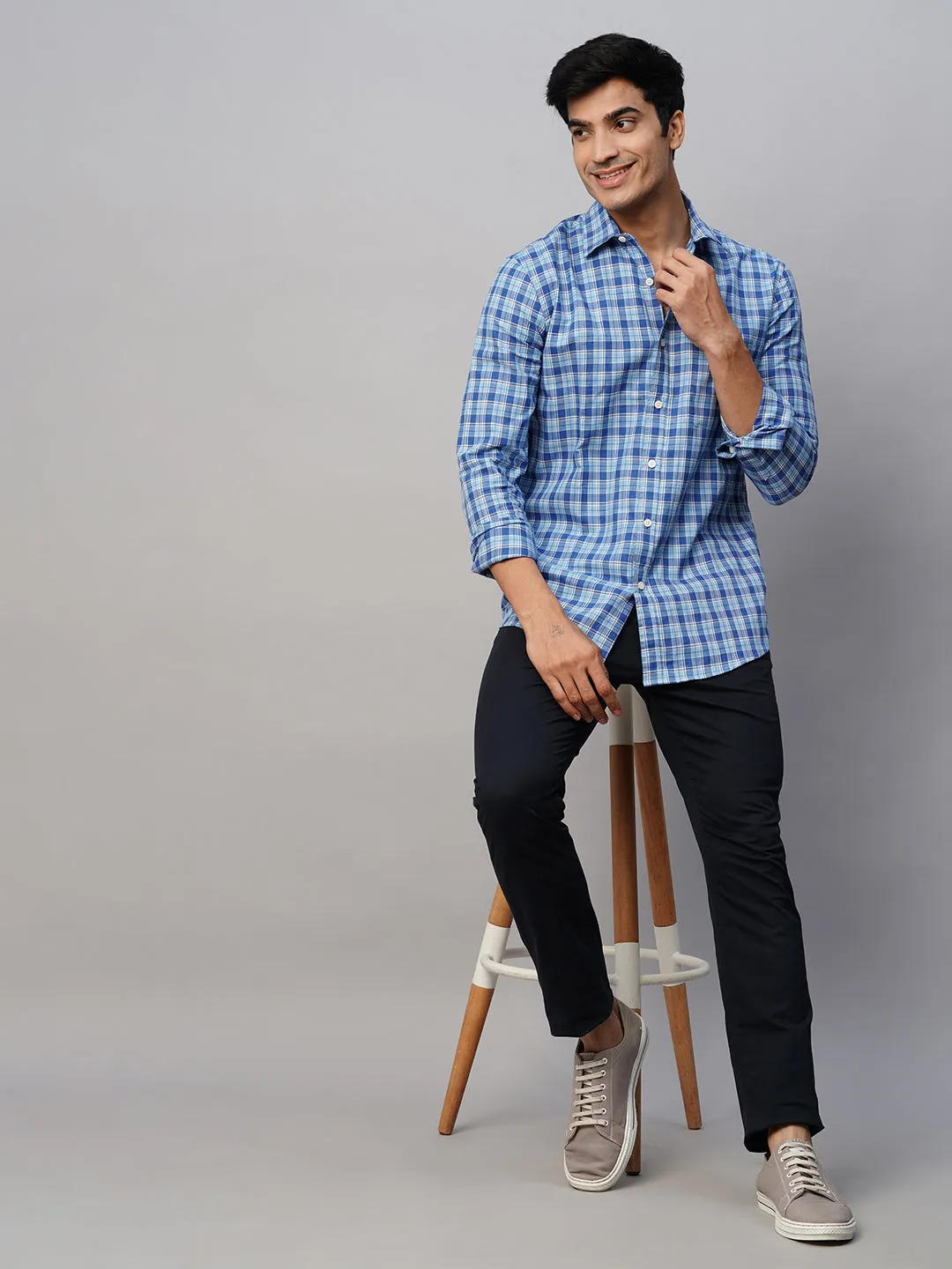 Men's Blue Cotton Regular Fit Checked Shirt