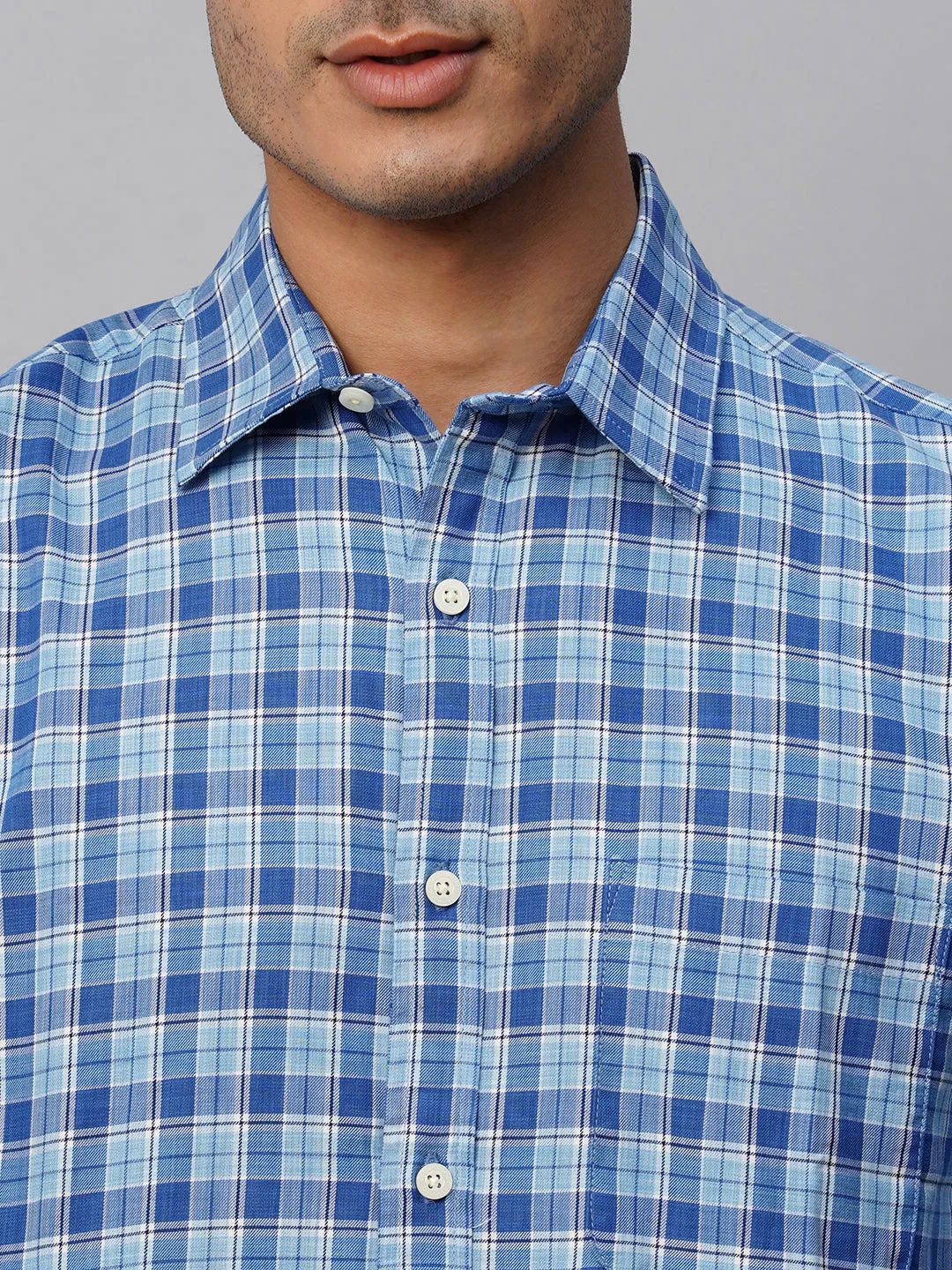 Men's Blue Cotton Regular Fit Checked Shirt