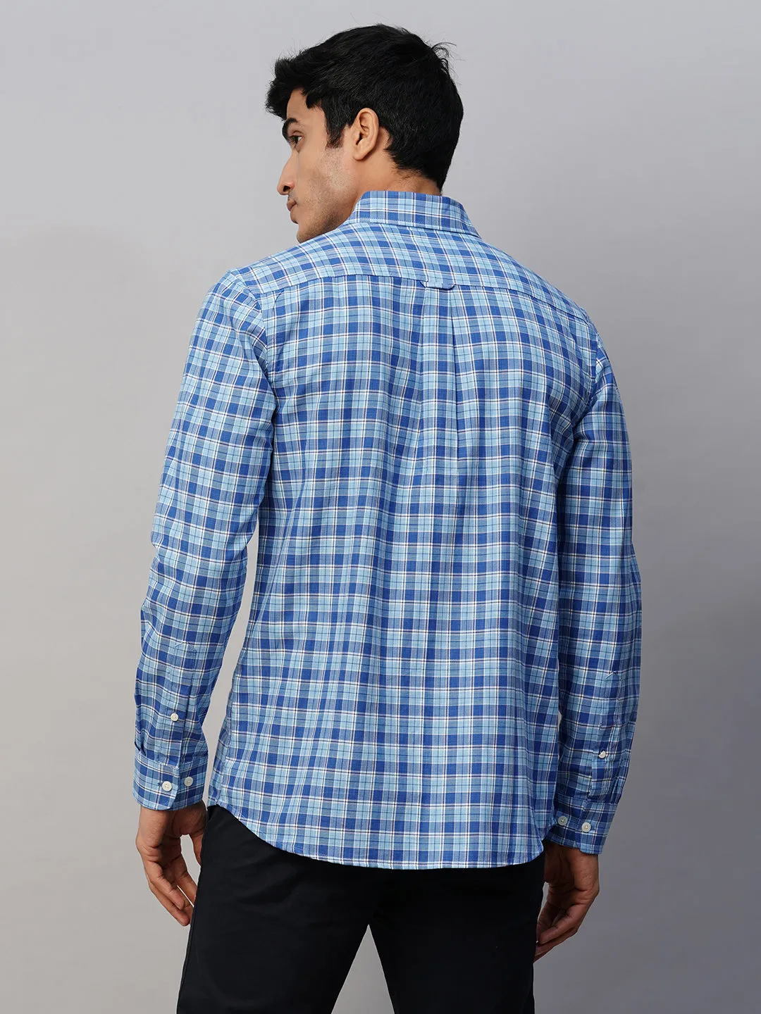 Men's Blue Cotton Regular Fit Checked Shirt