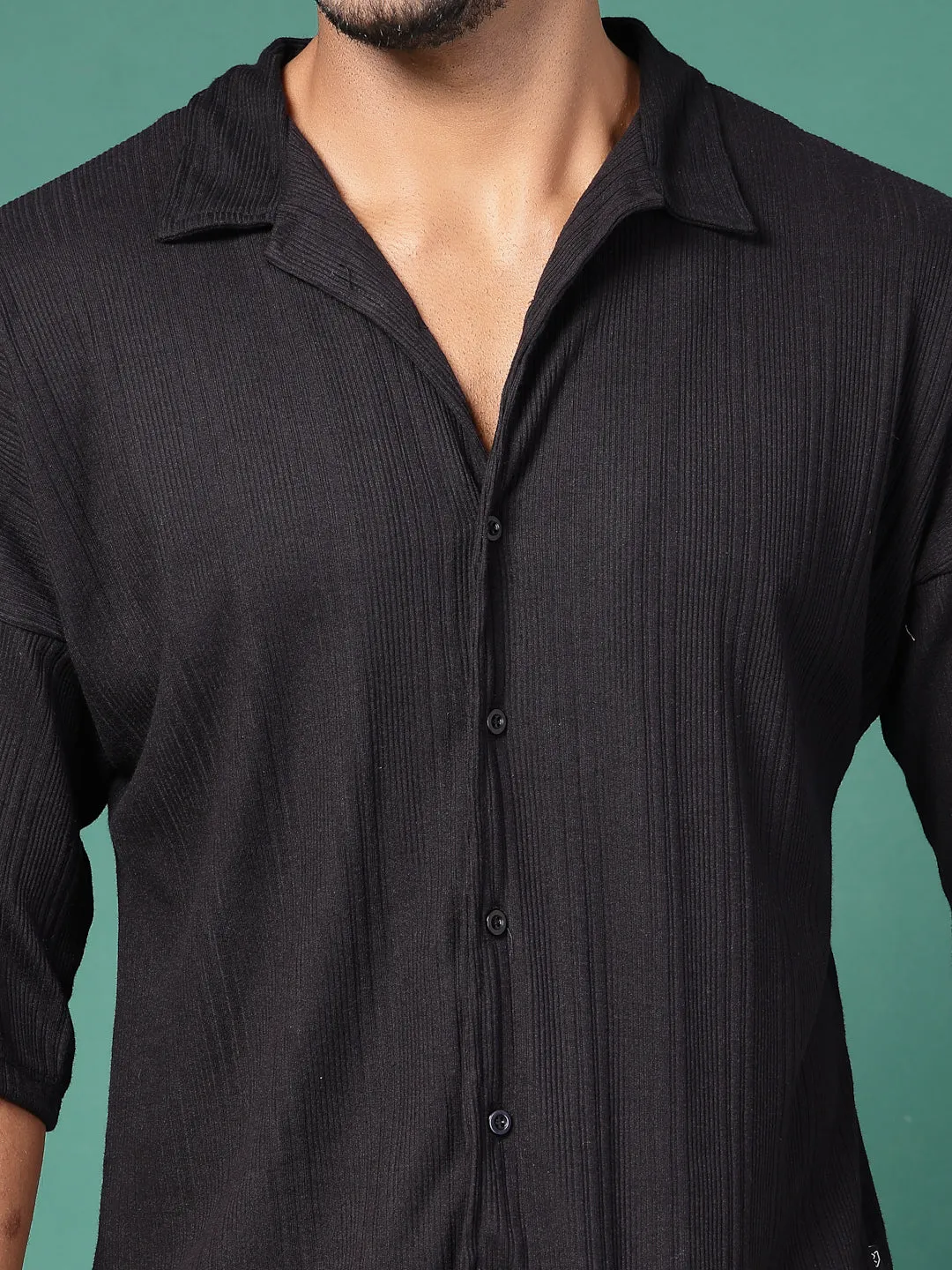 Men's Olive Ribbed Oversized Cuban Collar Shirt