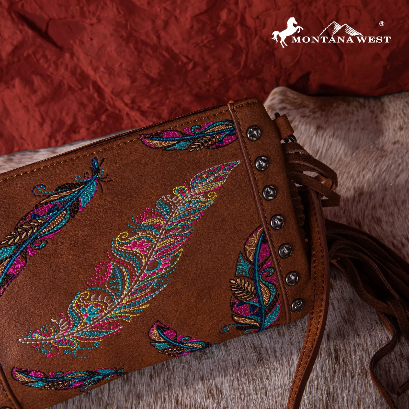 Montana West Embroidered Feather Collection Clutch/Crossbody