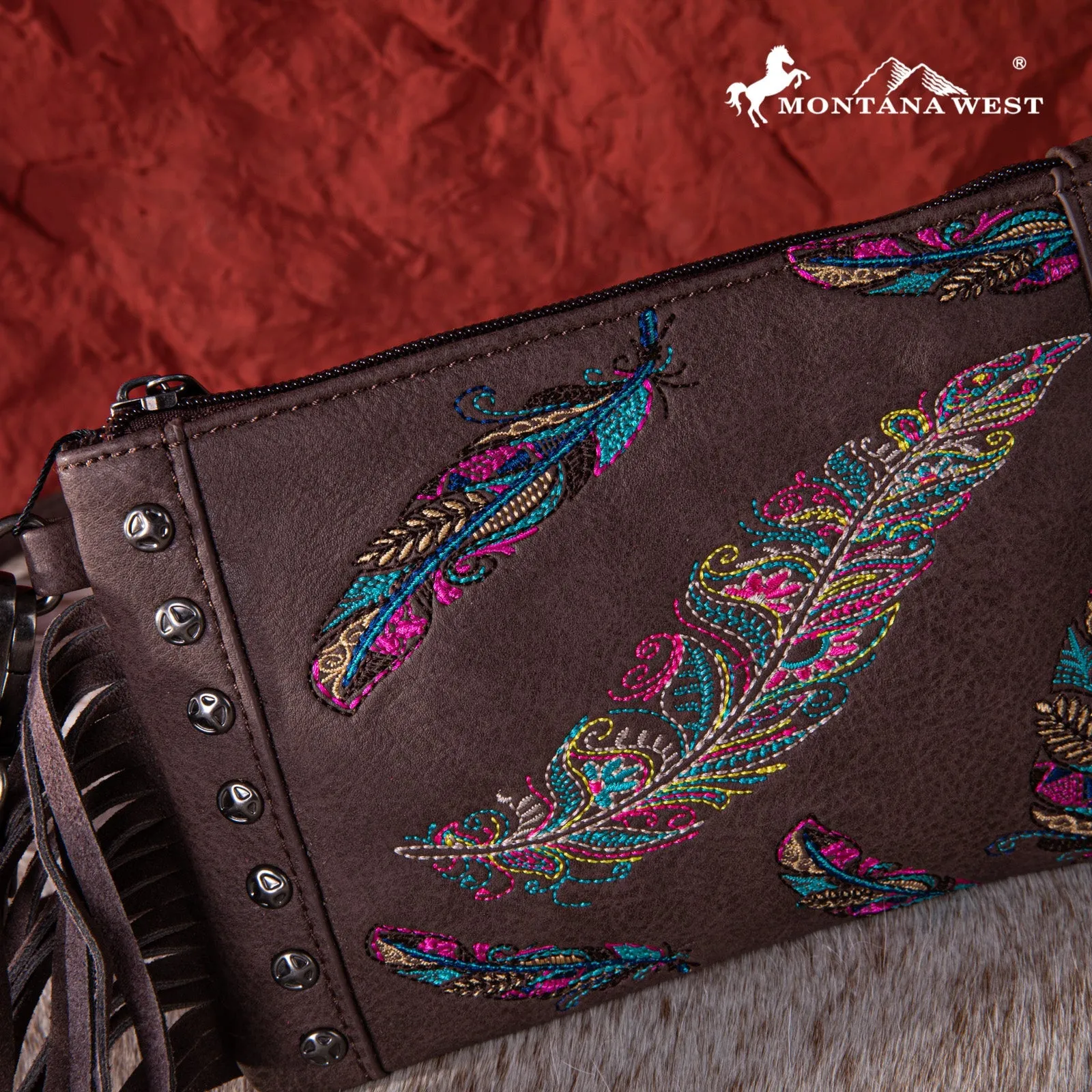 Montana West Embroidered Feather Collection Clutch/Crossbody