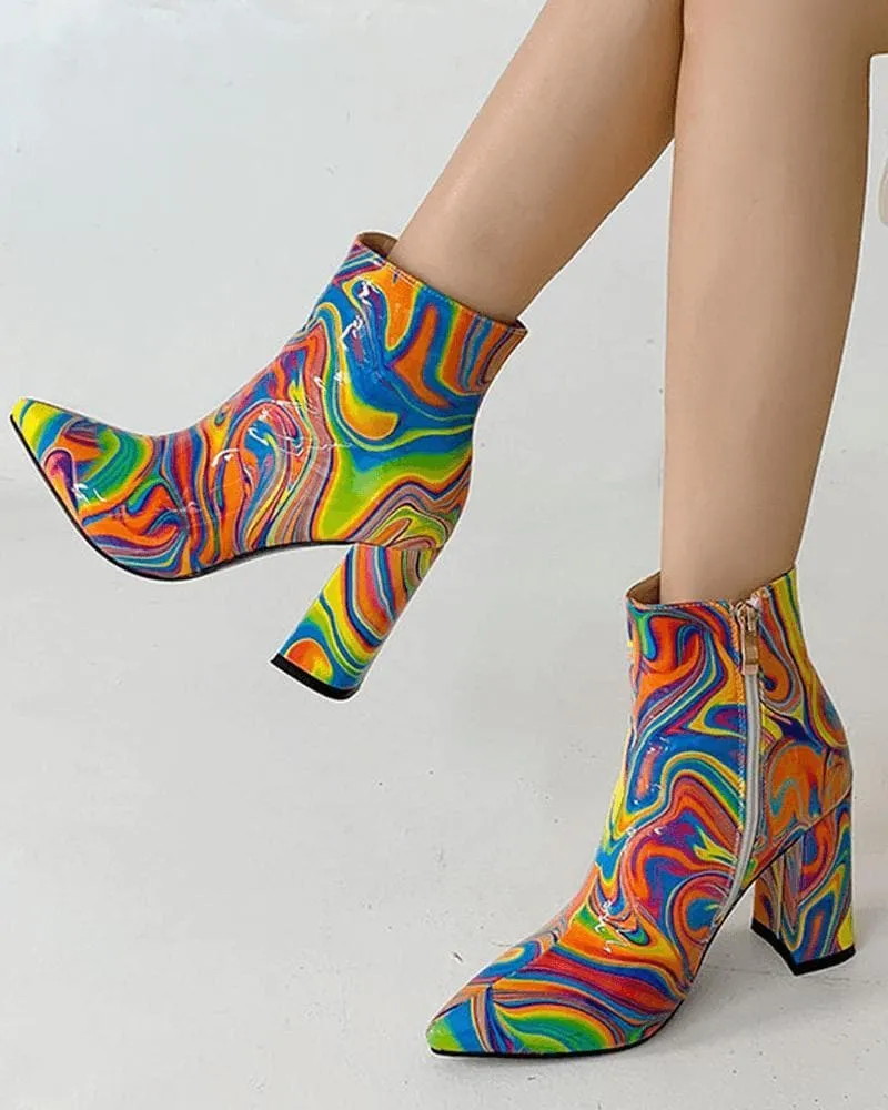 Multicolor Zipper Pointed Toe Boots