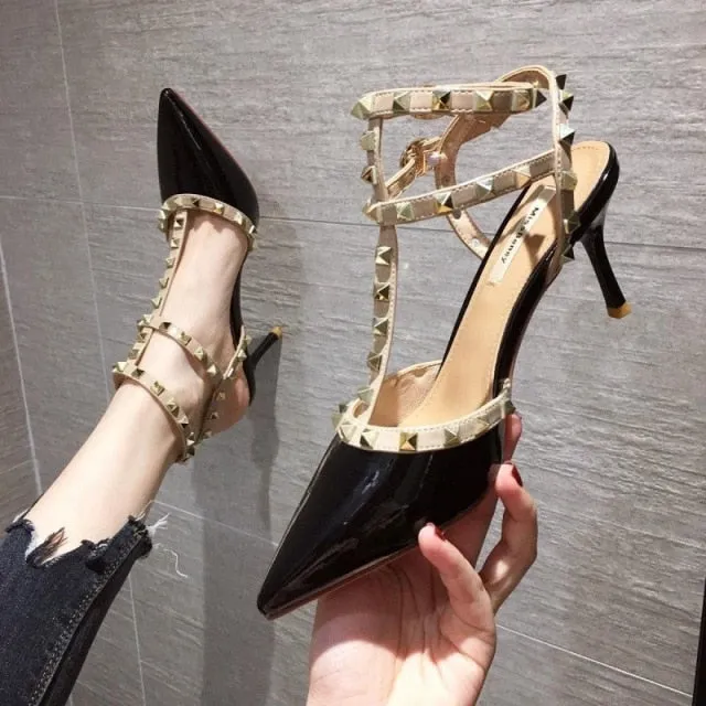 Rivet nude high-heeled shoes women stiletto spring and summer new pointed toe all-match sexy women's single shoes